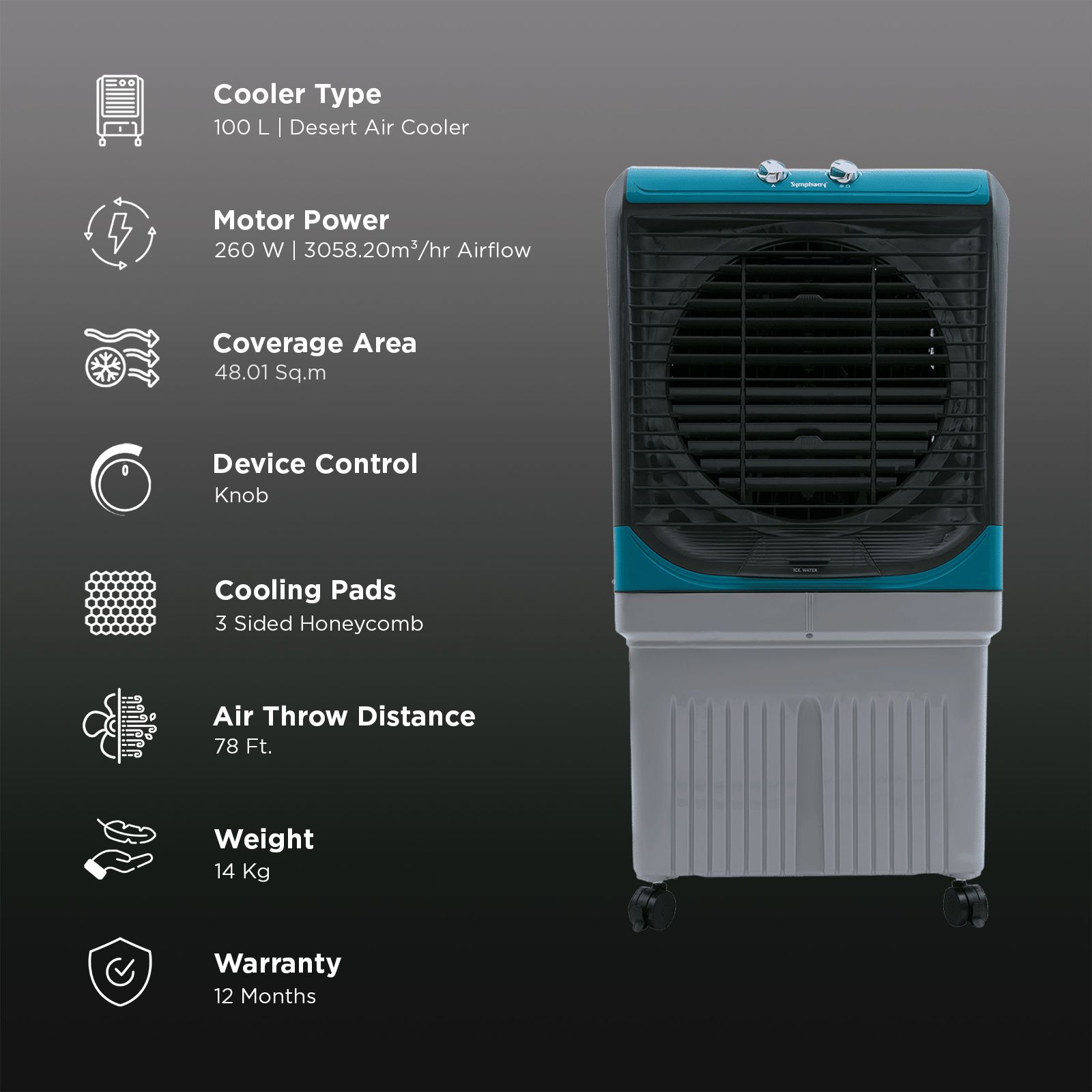 Symphony Maxwind 100EX 100 Litres Desert Air Cooler with CFD Technology (Inverter Compatible, Grey & Blue)_3