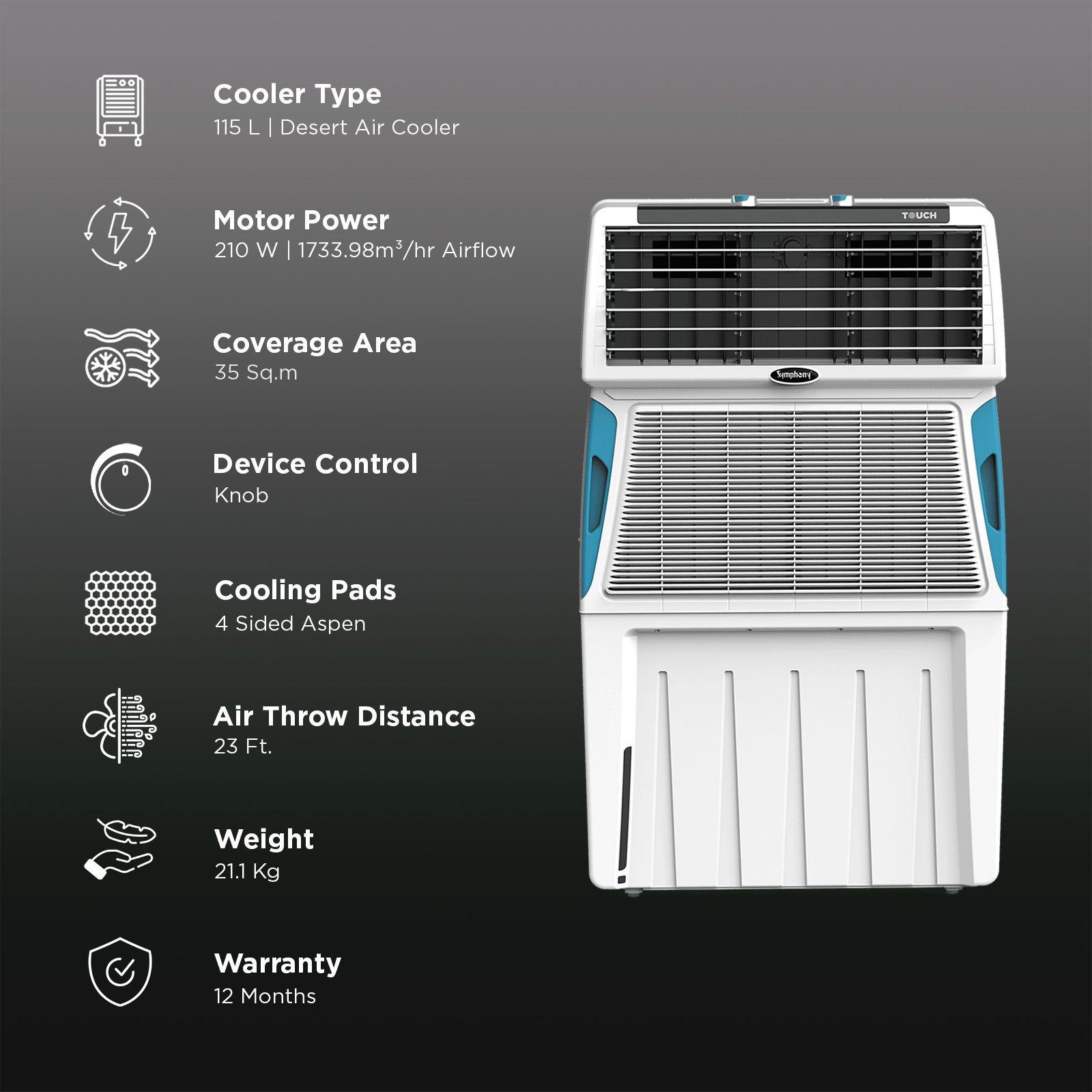 Symphony Touch 115 Litres Desert Air Cooler with CFD Technology (Inverter Compatible, White) Symphony Touch 115 Litres Desert Air Cooler with CFD Technology (Inverter Compatible, White)_3