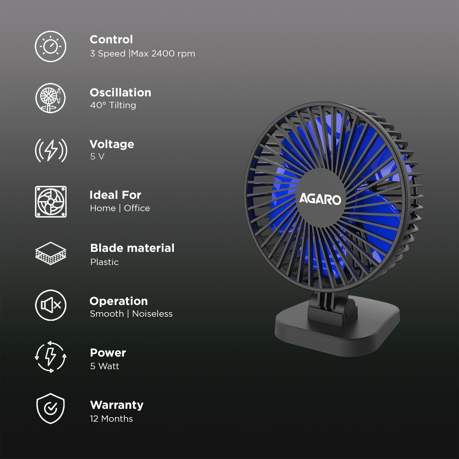 AGARO Breeze 3 Blade Rechargeable Personal Mini Fan (USB Powered, Black)_3