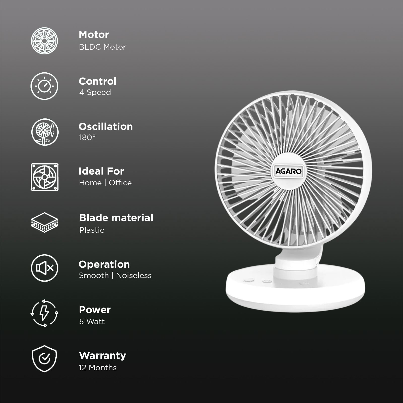 AGARO Alpha 3 Blade Rechargeable Personal Mini Fan (Copper Brushless Motor, White)_3