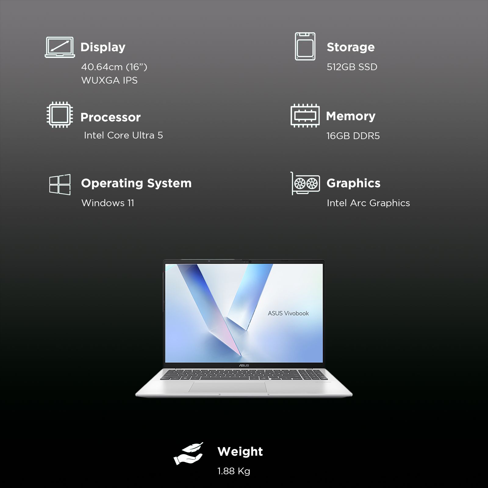ASUS Vivobook 16 Intel Core Ultra 5 Laptop (16GB, 512GB SSD, Windows 11 Home, 16 inch WUXGA Display, MS Office Home 2024, Cool Silver, 1.88 KG)_3