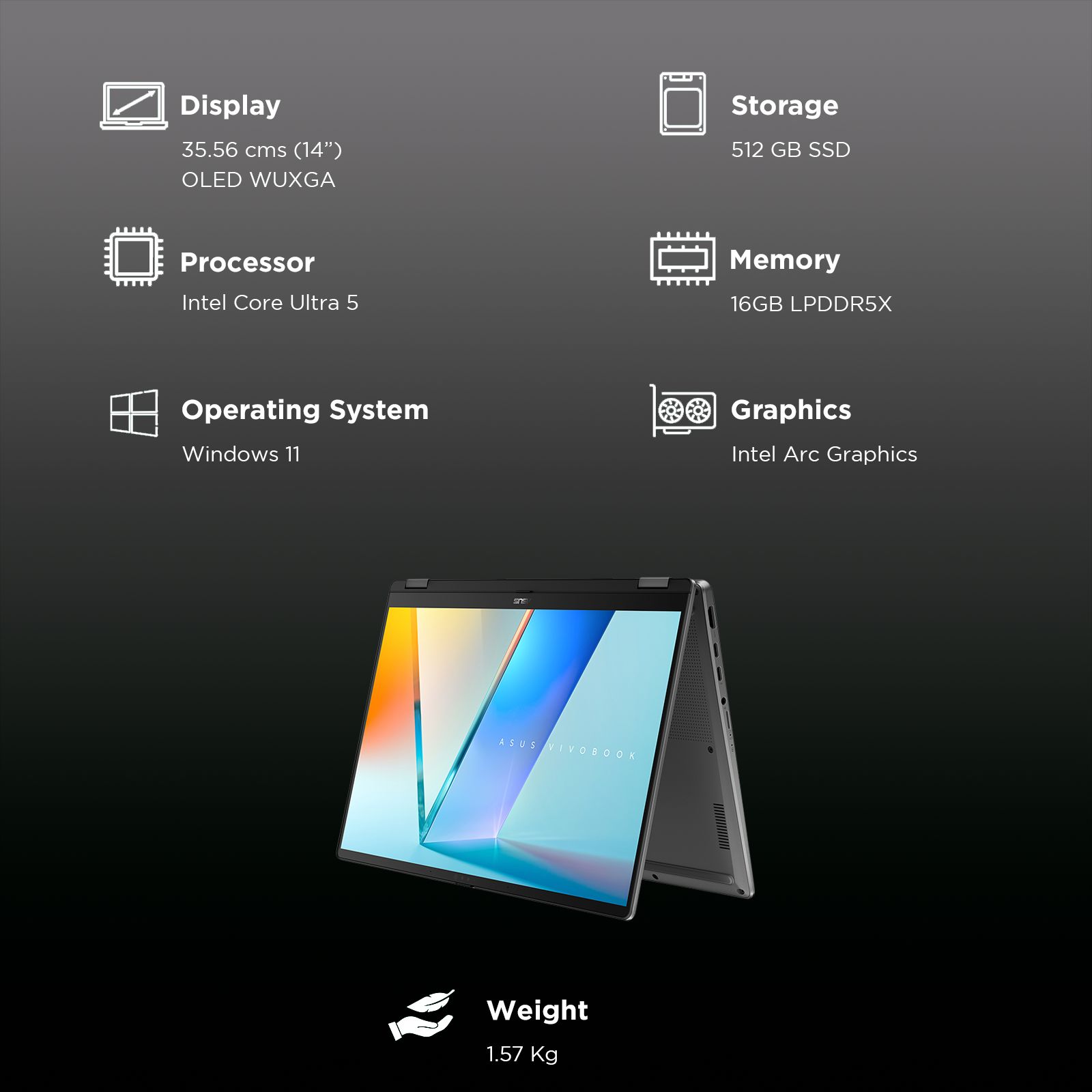 ASUS Vivobook 14 Flip Intel Core Ultra 5 Touchscreen 2-in-1 Laptop (16GB, 512GB SSD, Windows 11 Home, 14 inch OLED Display, MS Office Home 2024 & MS 365 Basic, Matte Gray, 1.57 KG)_3