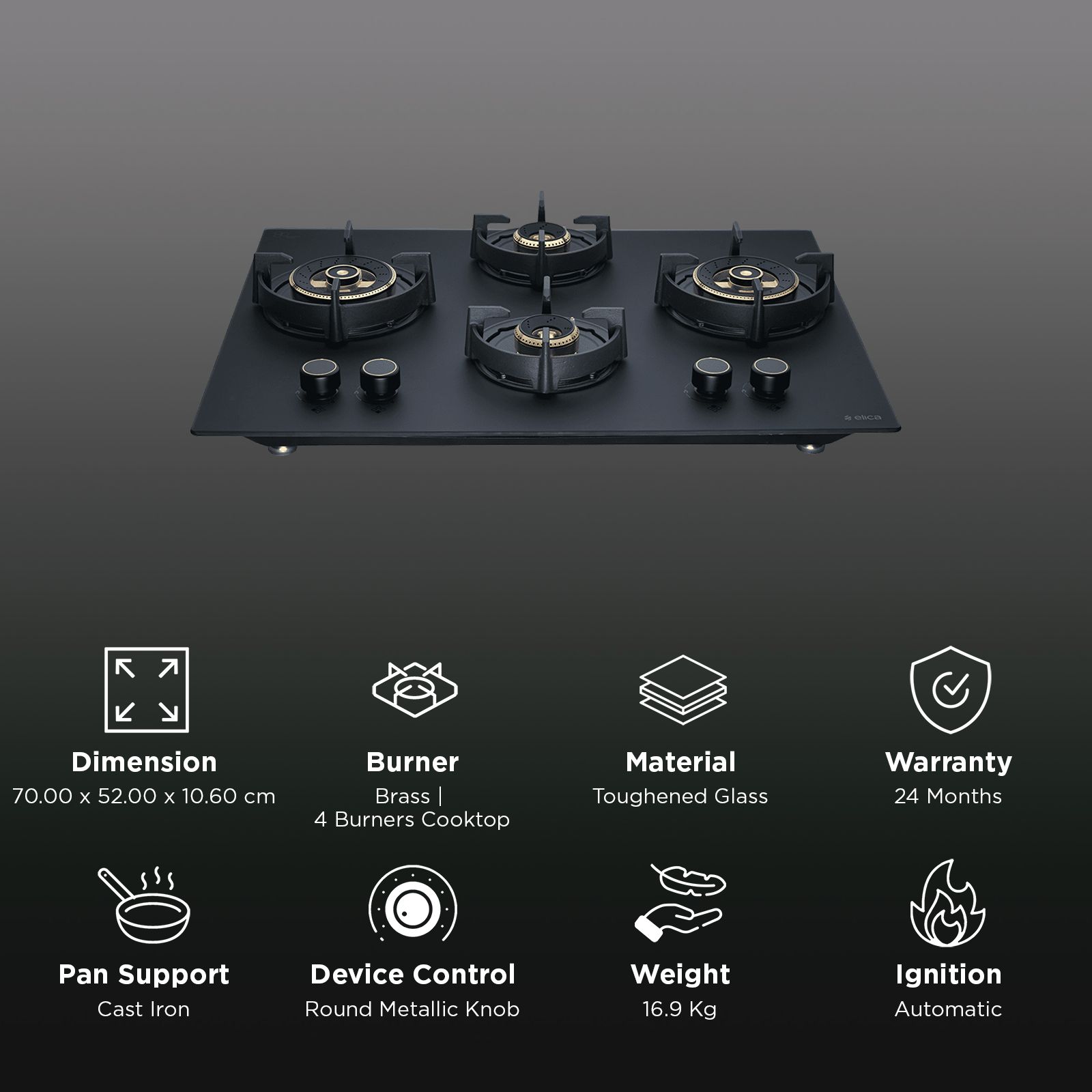 elica MATT FLEXI DFS HE FB 4B 70 DX Toughened Glass Top 4 Burner Automatic Hob (Cast Iron Pan Support with Heat Guard, Matt Finish Black Glass)_3