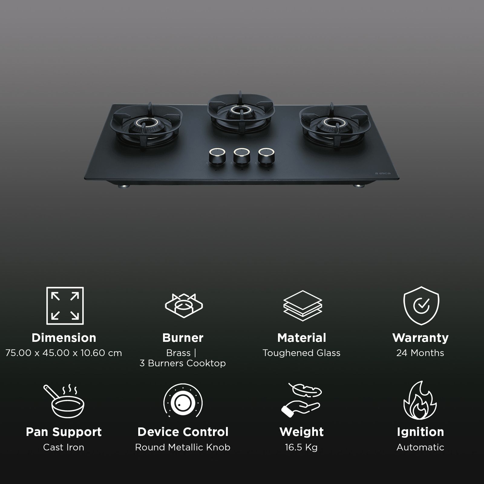 elica MATT CROWN FLEXI 375 LOTUS IND HD BRASS Toughened Glass Top 3 Burner Automatic Hob (Cast Iron Pan Support with Heat Guard, Matt Finish Black Glass) elica MATT CROWN FLEXI 375 LOTUS IND HD BRASS Toughened Glass Top 3 Burner Automatic Hob (Cast Iron Pan Support with Heat Guard, Matt Finish Black Glass)_3
