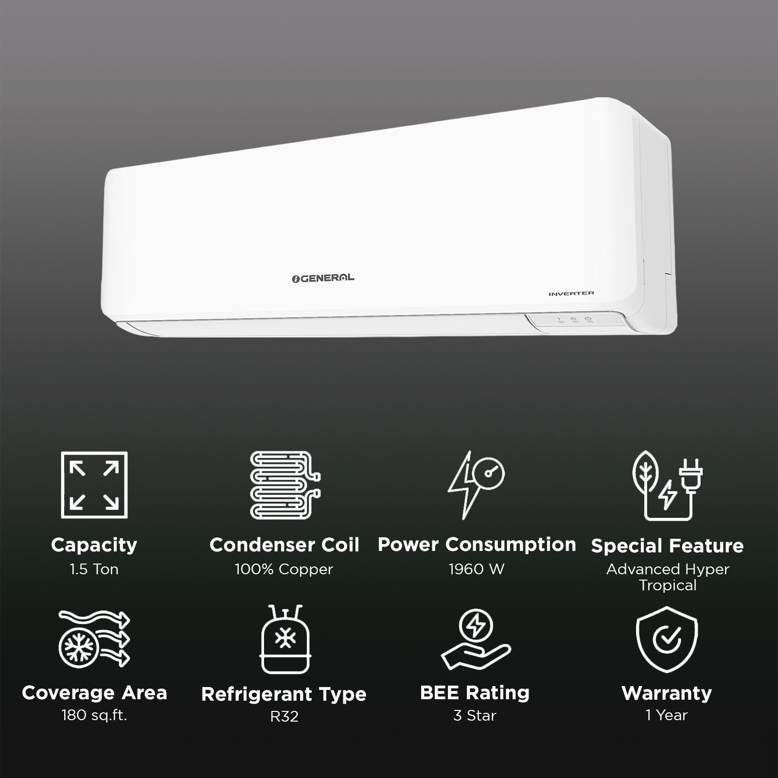 O GENERAL Hyper Advanced Tropical Rotary 1.5 Ton 2 Star Inverter Split AC (Copper Condenser, ASGG18CNAA-B) O GENERAL Hyper Advanced Tropical Rotary 1.5 Ton 2 Star Inverter Split AC (Copper Condenser, ASGG18CNAA-B)_2