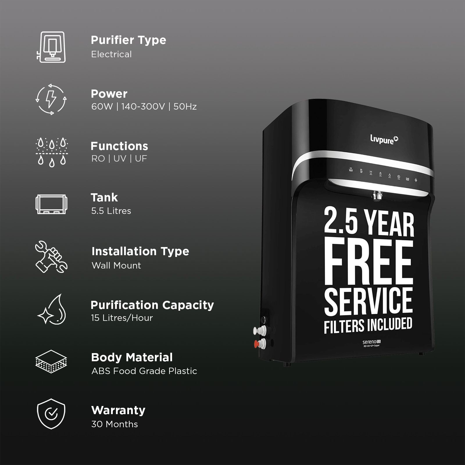 Livpure Sereno 5.5L RO + UV + UF + Copper Water Purifier with High Recovery Technology (Black) Livpure Sereno 5.5L RO + UV + UF + Copper Water Purifier with High Recovery Technology (Black)_3