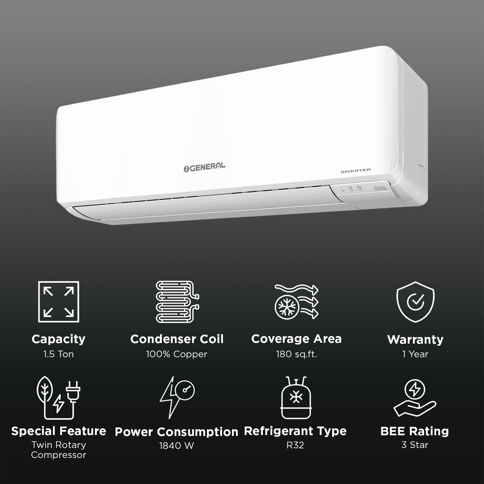 O GENERAL Advanced Hyper Tropical 1.5 Ton 2 Star Inverter Split AC (Copper Condenser, ASGG18CPAB-B) O GENERAL Advanced Hyper Tropical 1.5 Ton 2 Star Inverter Split AC (Copper Condenser, ASGG18CPAB-B)_2
