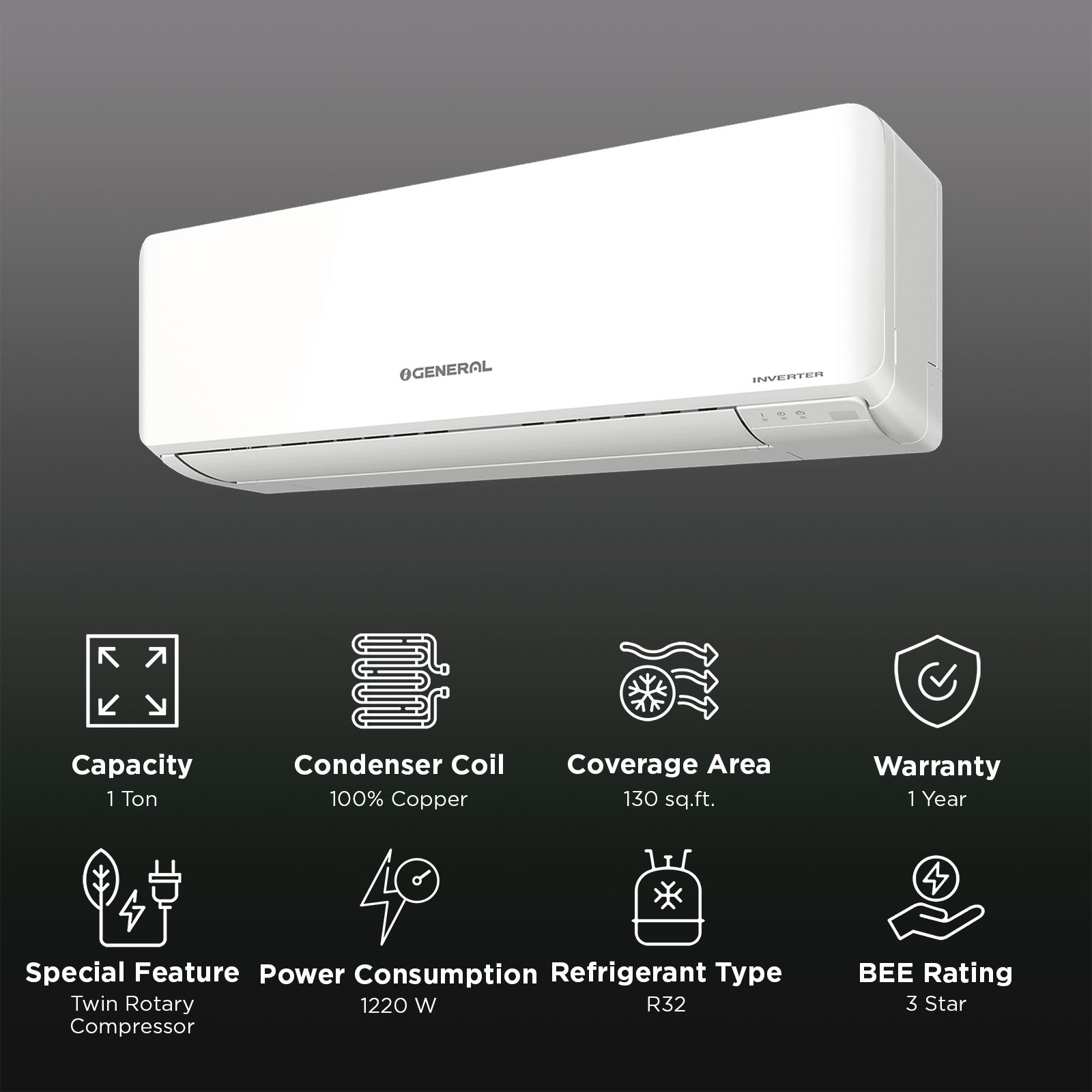 O GENERAL Advanced Hyper Tropical 1 Ton 2 Star Inverter Split AC (Copper Condenser, ASGG12CPAB-B) O GENERAL Advanced Hyper Tropical 1 Ton 2 Star Inverter Split AC (Copper Condenser, ASGG12CPAB-B)_2