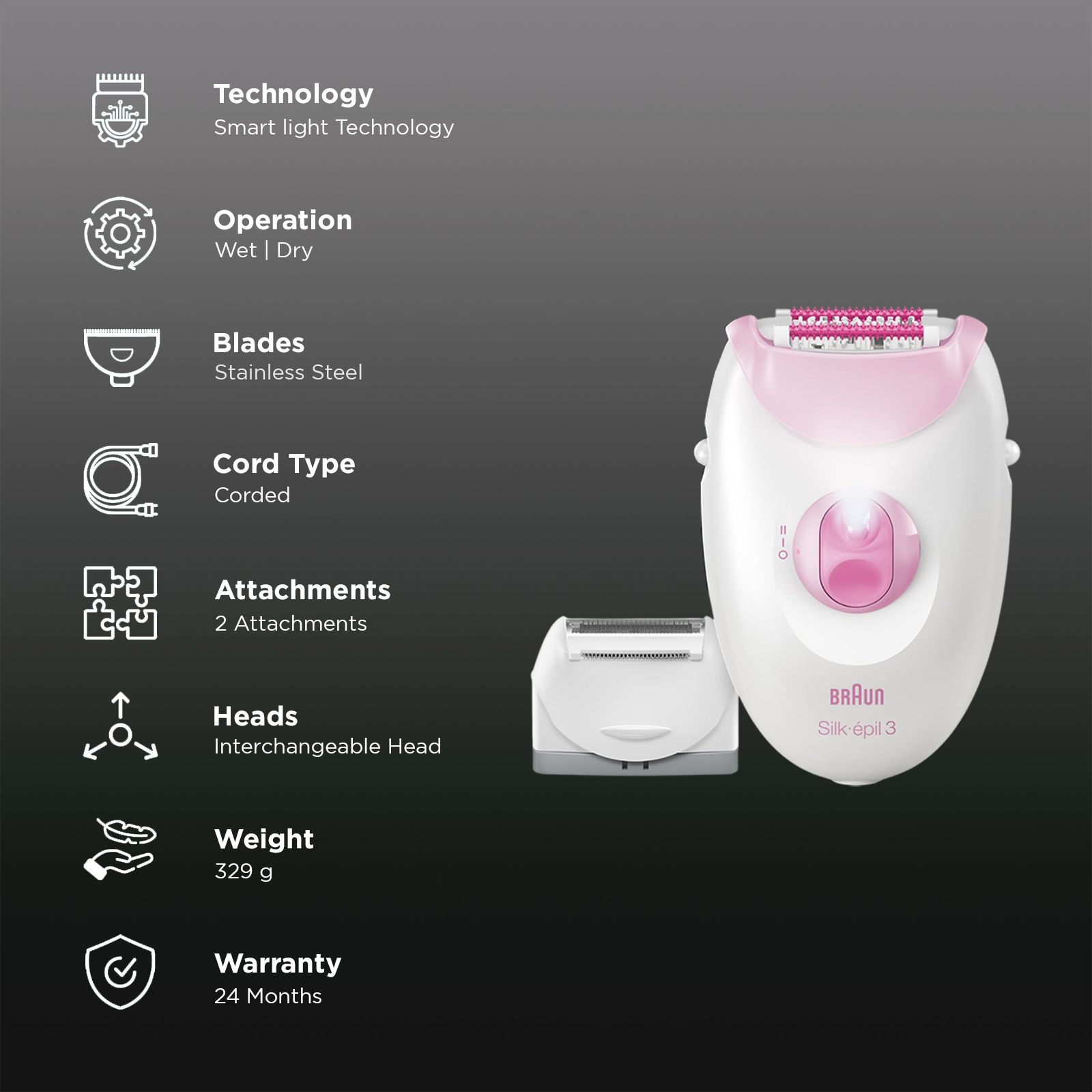 BRAUN SE3031 Corded Wet & Dry Epilator for Face, Legs & Arms with 2 Interchangeable Heads (Rotating Disc Blade, White and Pink) BRAUN SE3031 Corded Wet & Dry Epilator for Face, Legs & Arms with 2 Interchangeable Heads (Rotating Disc Blade, White and Pink)_2