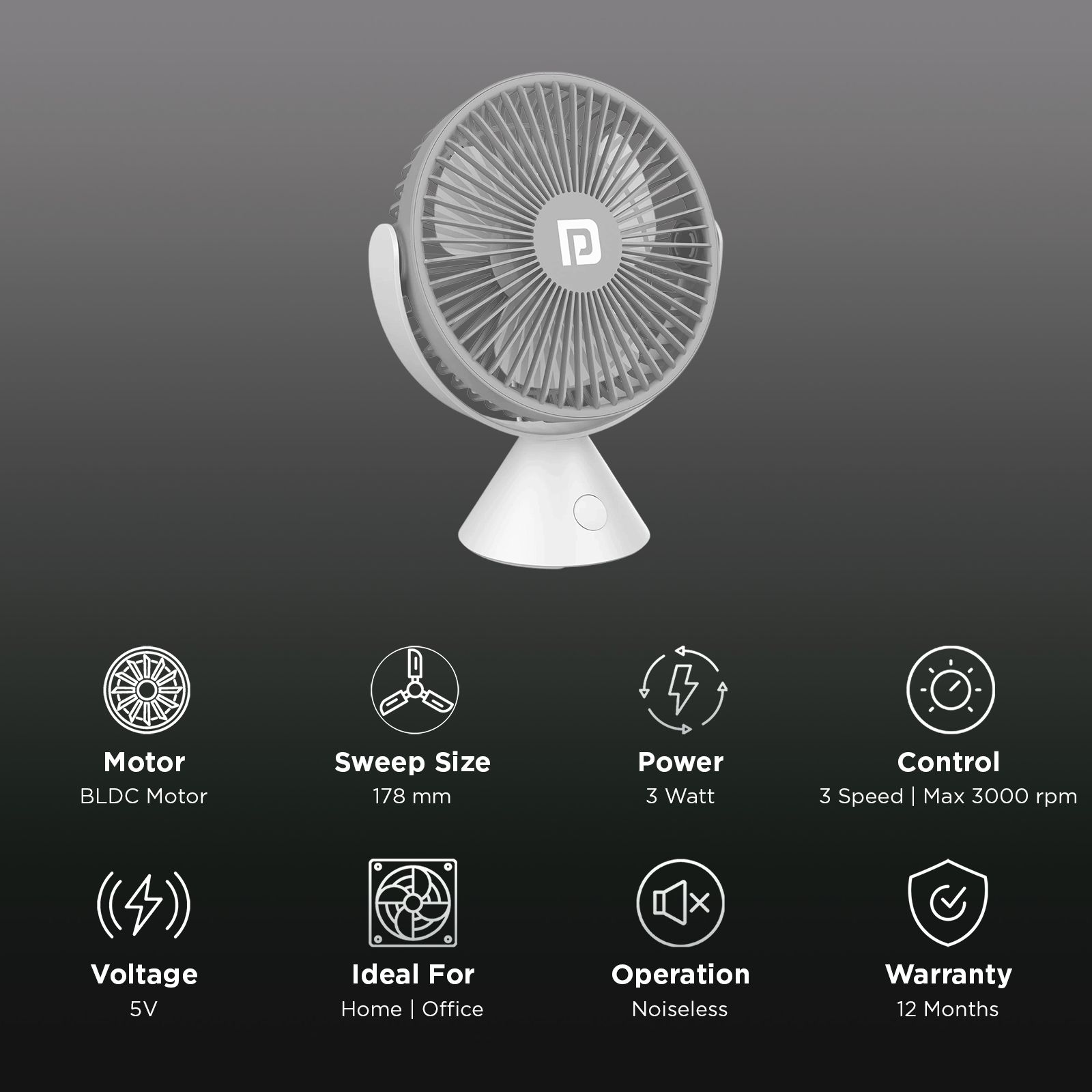 PORTRONICS Aero Breeze 178mm 3 Blade Rechargeable Portable Desktop Fan with 2400 mAh Battery (BLDC Motor, Grey)_3