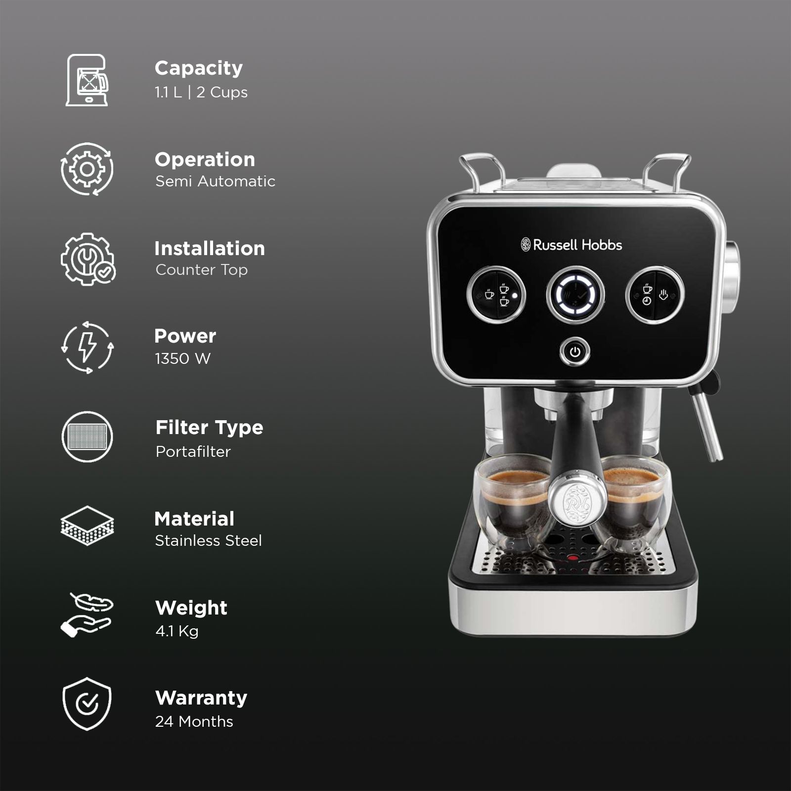Russell Hobbs Distinctions 1350 Watt 2 Cups Semi Automatic Espresso Coffee Maker with Milk Frother Steam Wand (Black)_3