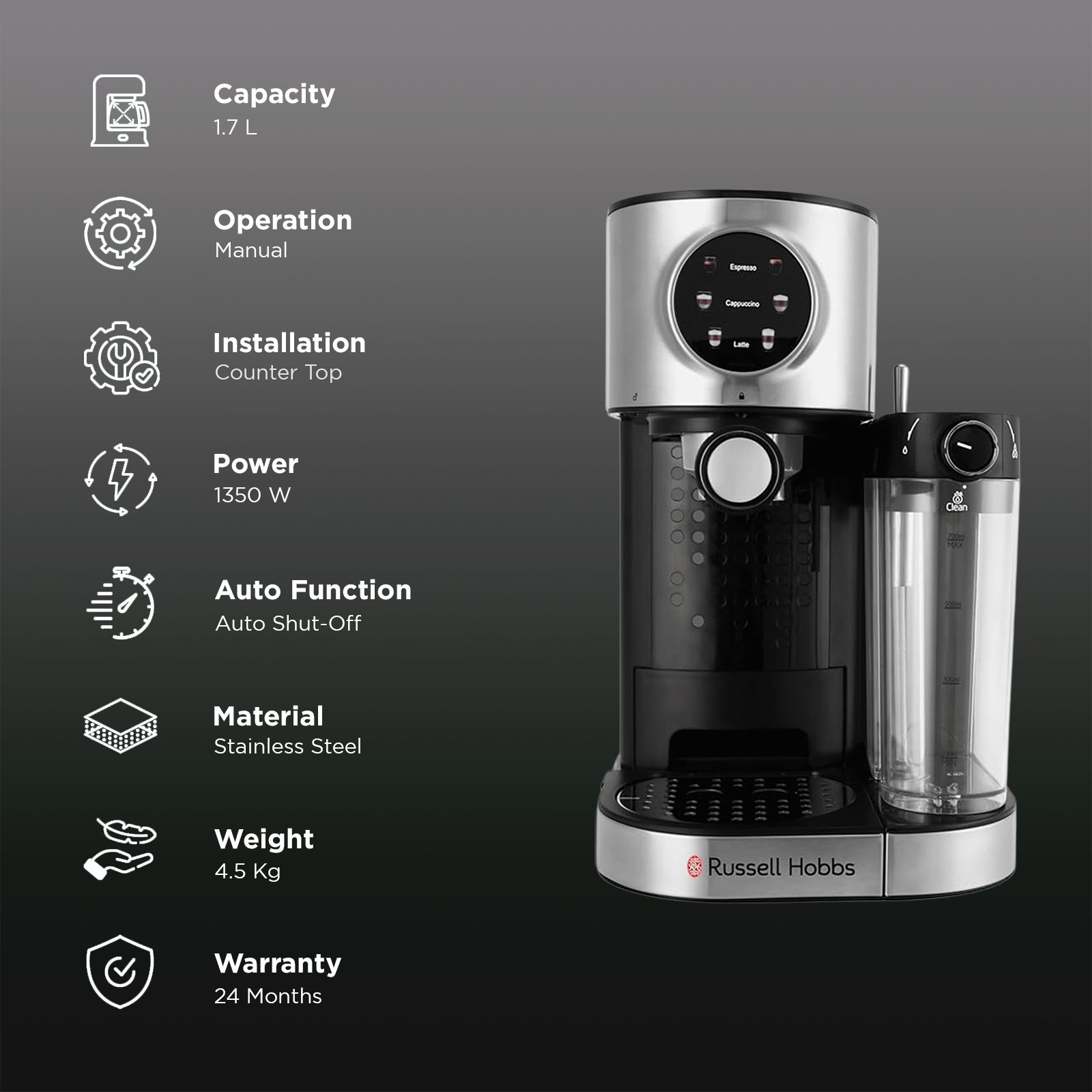 Russell Hobbs Elite Brew 1350 Watt Manual Espresso Coffee Maker with Milk Frother (Black)_3