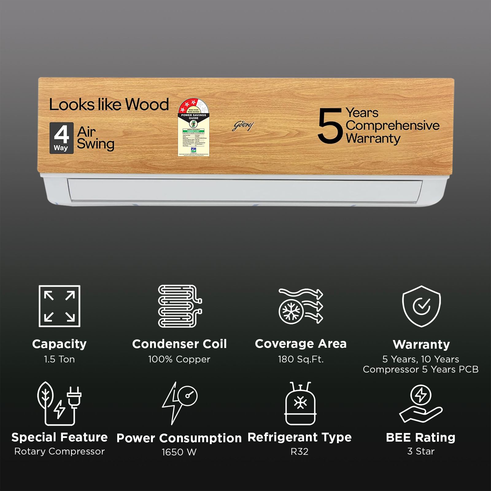 Godrej Eon Vogue 5 in 1 Convertible 1.5 Ton 3 Star Inverter Split AC with i-Sense Technology (Copper Condenser, SIC 18VTC3 WYB CYP) Godrej Eon Vogue 5 in 1 Convertible 1.5 Ton 3 Star Inverter Split AC with i-Sense Technology (Copper Condenser, SIC 18VTC3 WYB CYP)_2