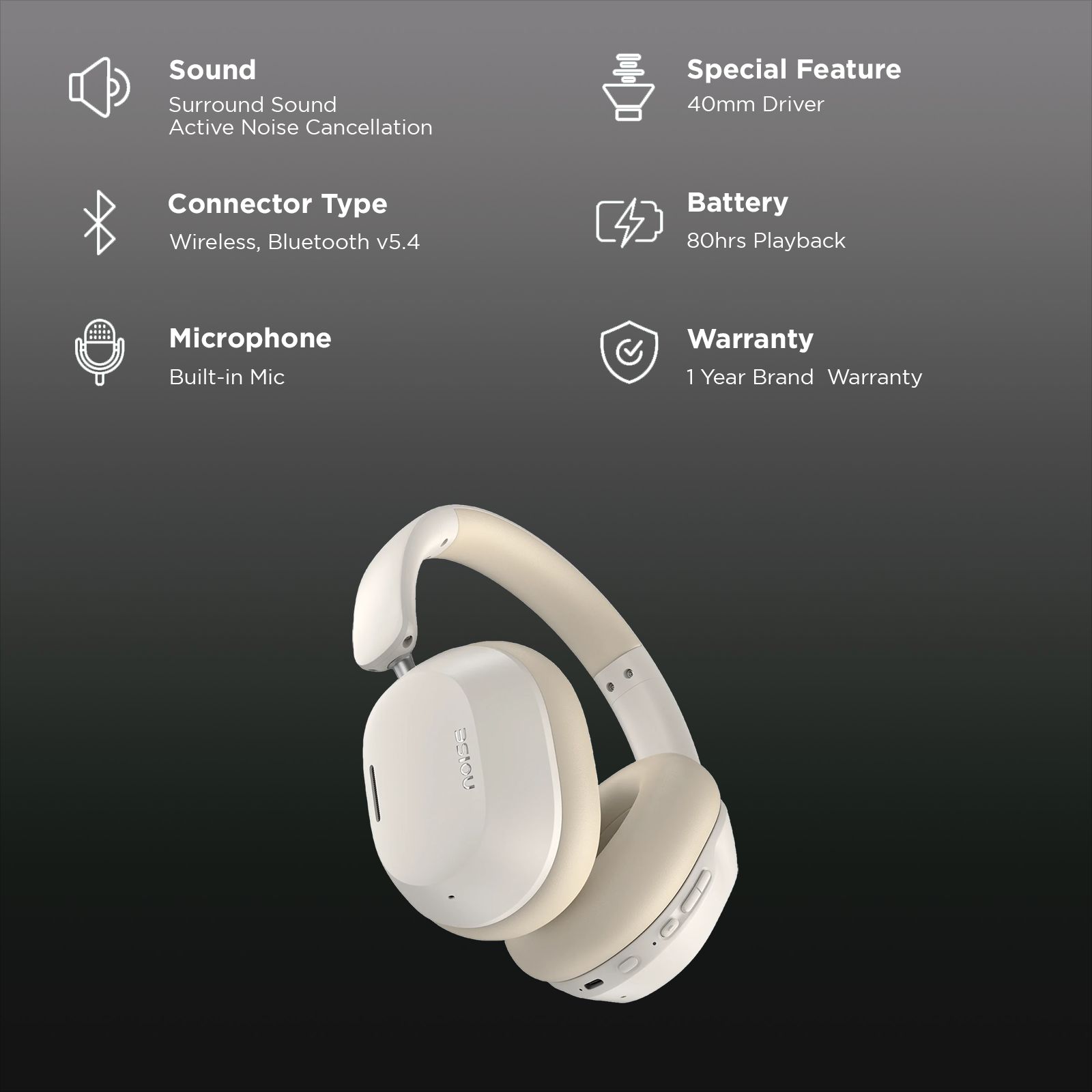 noise Airwave Max 5 Bluetooth Headphone with Mic (Adaptive Hybrid ANC, On Ear, Calm Beige)_2