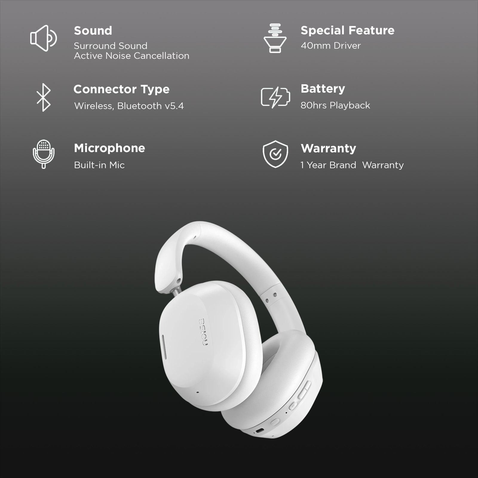 noise Airwave Max 5 Bluetooth Headphone with Mic (Adaptive Hybrid ANC, On Ear, Calm White)_2