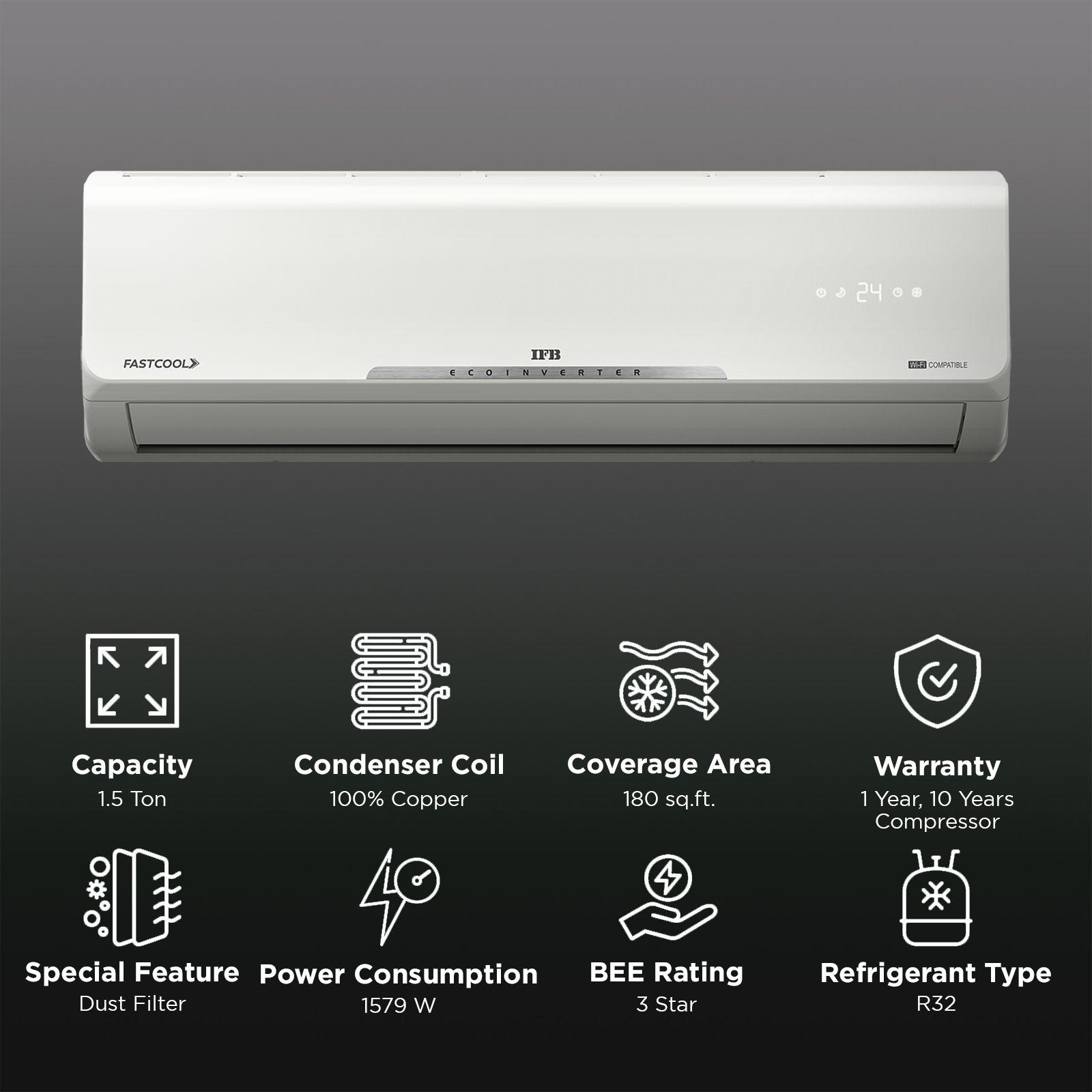 IFB Silver Star 8 in 1 Convertible 1.5 Ton 3 Star Inverter Split Smart AC with Wi-Fi Supported (Copper Condenser, CI173SS22RGM1) IFB Silver Star 8 in 1 Convertible 1.5 Ton 3 Star Inverter Split Smart AC with Wi-Fi Supported (Copper Condenser, CI173SS22RGM1)_2