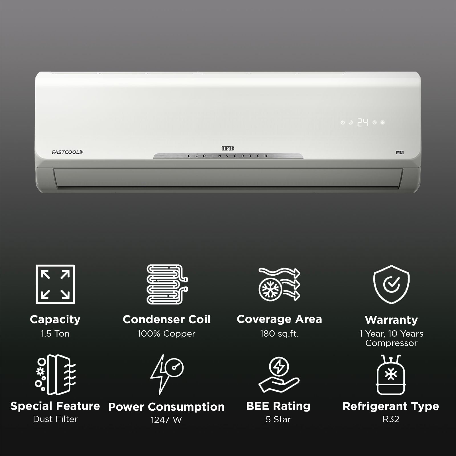 IFB Silver Star 8 in 1 Convertible 1.5 Ton 5 Star Inverter Split Smart AC with Voice Assistance (Copper Condenser, CI185SS22SGN1) IFB Silver Star 8 in 1 Convertible 1.5 Ton 5 Star Inverter Split Smart AC with Voice Assistance (Copper Condenser, CI185SS22SGN1)_2