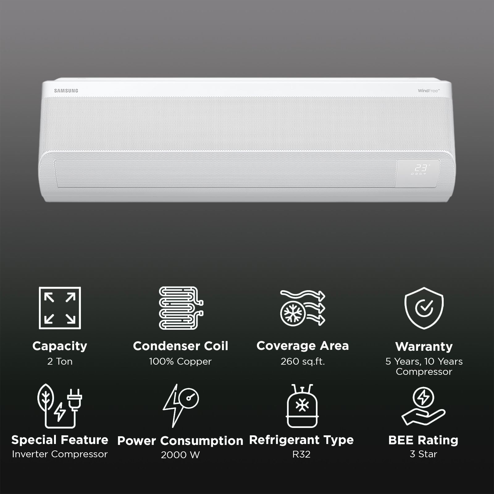 SAMSUNG WindFree 5 in 1 Convertible 2 Ton 3 Star Inverter Split Smart AC with Voice Assistant (2025 Model, Copper Condenser, AR60F24D13WNNA)_2