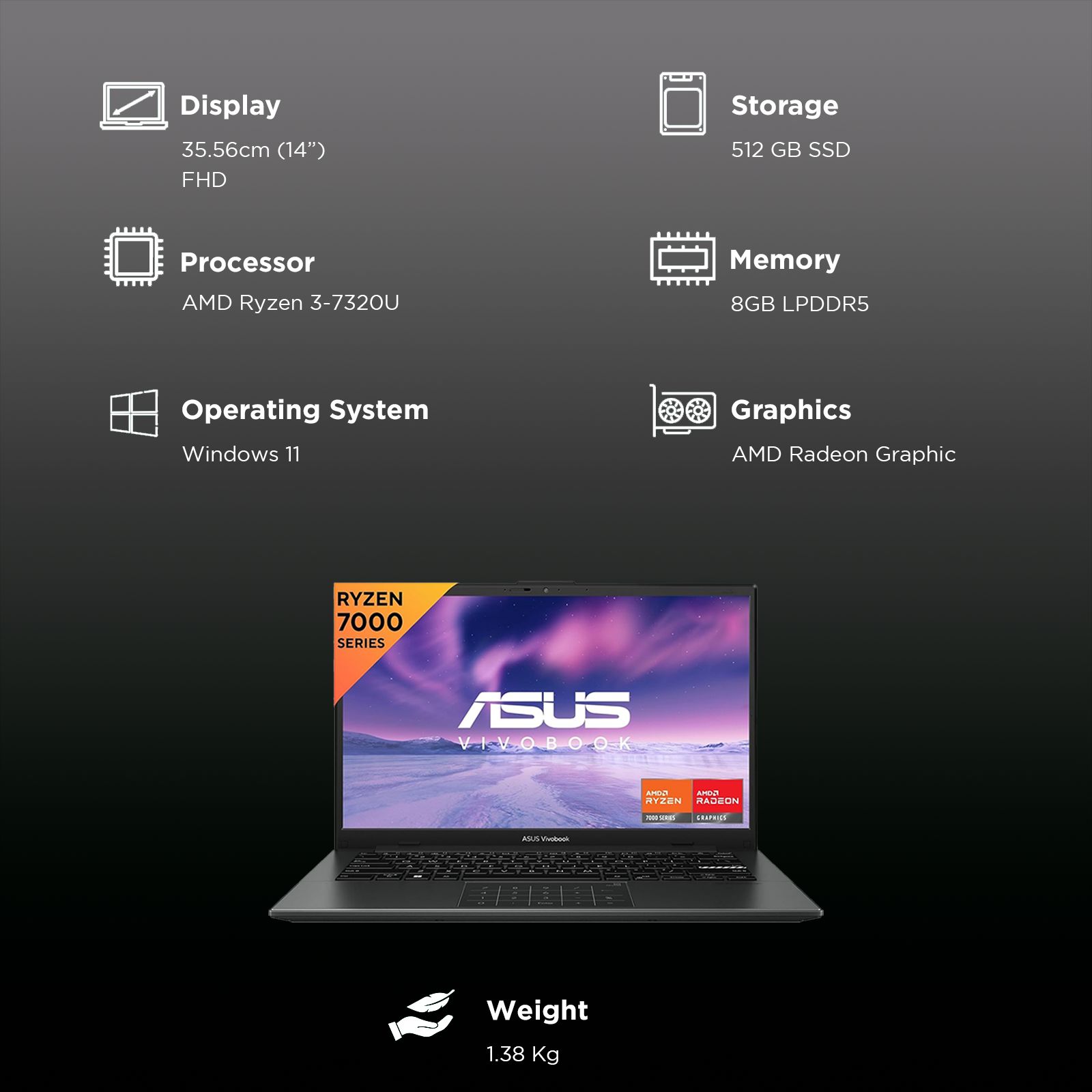ASUS Vivobook Go 14 AMD Ryzen 3 7320U Thin & Light Laptop (8GB, 512GB SSD, Windows 11 Home, 14 inch Full HD Display, MS Office Home 2024, Mixed Black, 1.38 KG)_3