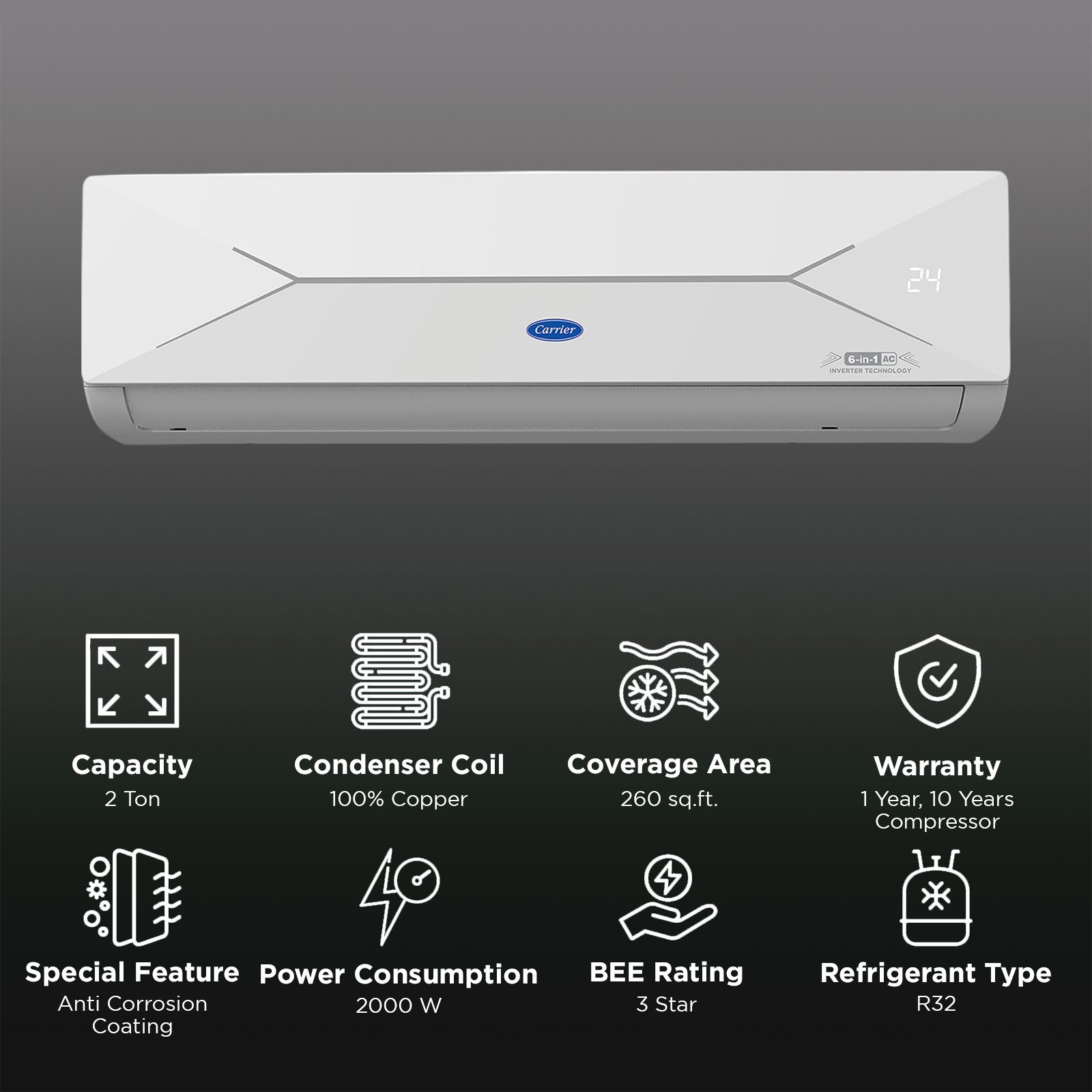 Carrier ESTER EDGE FXi 6 in 1 Convertible 2 Ton 3 Star Inverter Split Smart AC with Wi-Fi Supported (Copper Condenser, CAI24EE3R35W0) Carrier ESTER EDGE FXi 6 in 1 Convertible 2 Ton 3 Star Inverter Split Smart AC with Wi-Fi Supported (Copper Condenser, CAI24EE3R35W0)_2