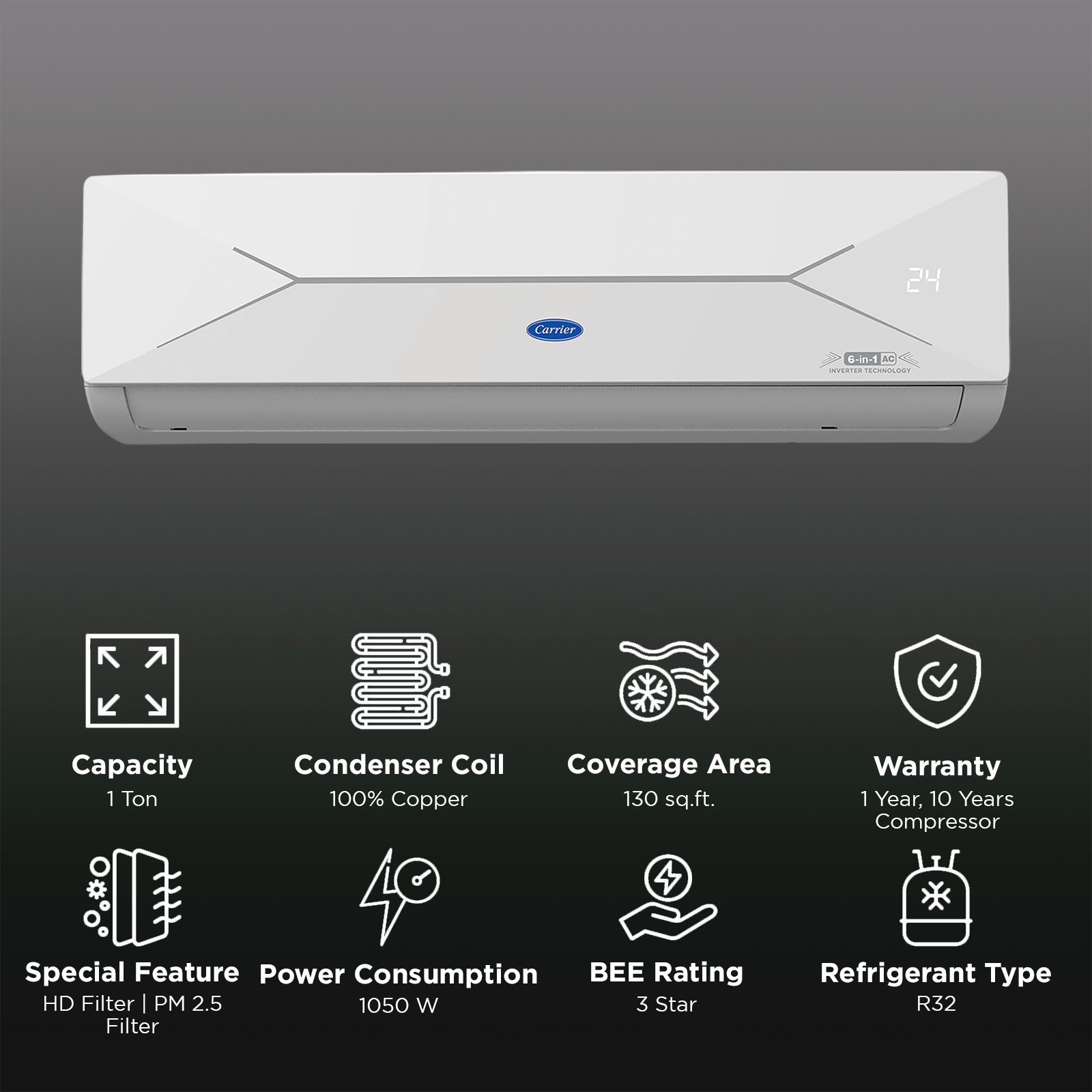 Carrier ESTER EDGE FXi 6 in 1 Convertible 1 Ton 3 Star Inverter Split Smart AC with Wi-Fi Supported (Copper Condenser, CAI12EE3R35W0) Carrier ESTER EDGE FXi 6 in 1 Convertible 1 Ton 3 Star Inverter Split Smart AC with Wi-Fi Supported (Copper Condenser, CAI12EE3R35W0)_2