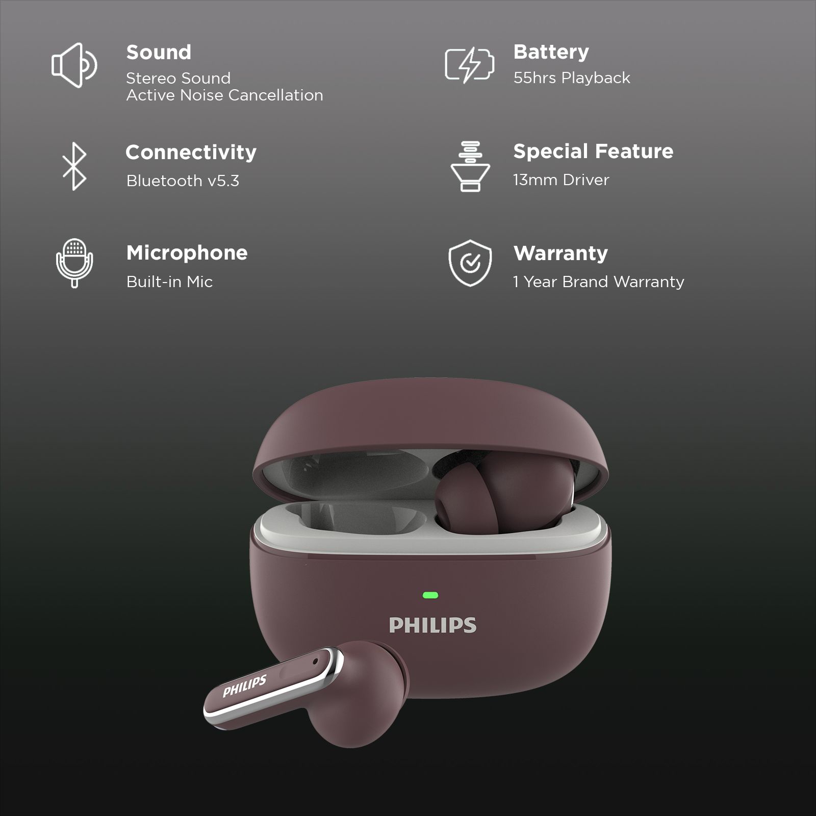 PHILIPS 1000 Series TWS Earbuds with Active Noise Cancellation (13mm Driver, Red Mahogany)_2