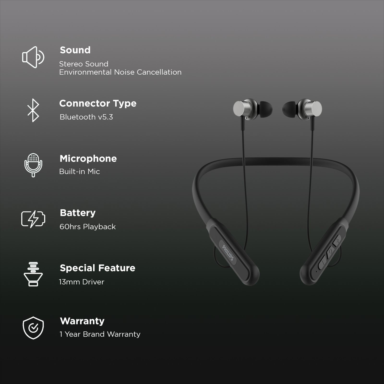 PHILIPS 1000 Series Neckband with Environmental Noise Cancellation (60 Hours Playtime, Deep Black) PHILIPS 1000 Series Neckband with Environmental Noise Cancellation (60 Hours Playtime, Deep Black)_2