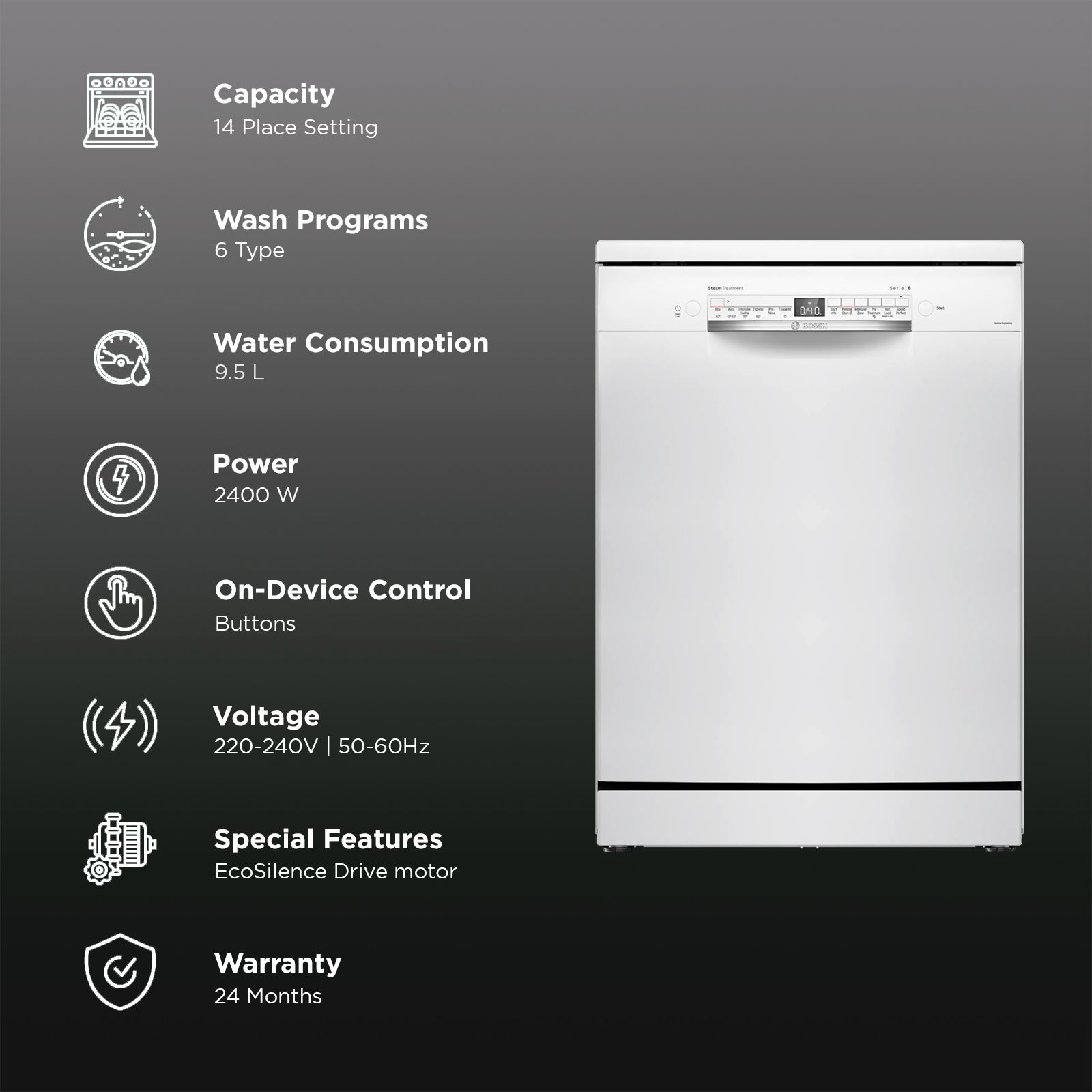 BOSCH Series 6 14 Place Settings Free Standing Dishwasher with Glass Protection Technology (No Pre-rinse Required, White) BOSCH Series 6 14 Place Settings Free Standing Dishwasher with Glass Protection Technology (No Pre-rinse Required, White)_3