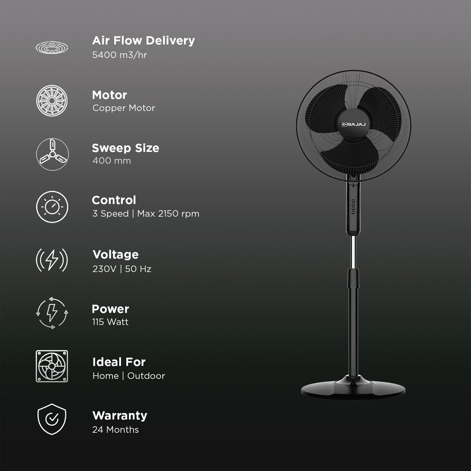 BAJAJ Neo Spectrum 400mm 3 Blade Copper Motor Pedestal Fan (Thermal Overload Protection, Black)_2