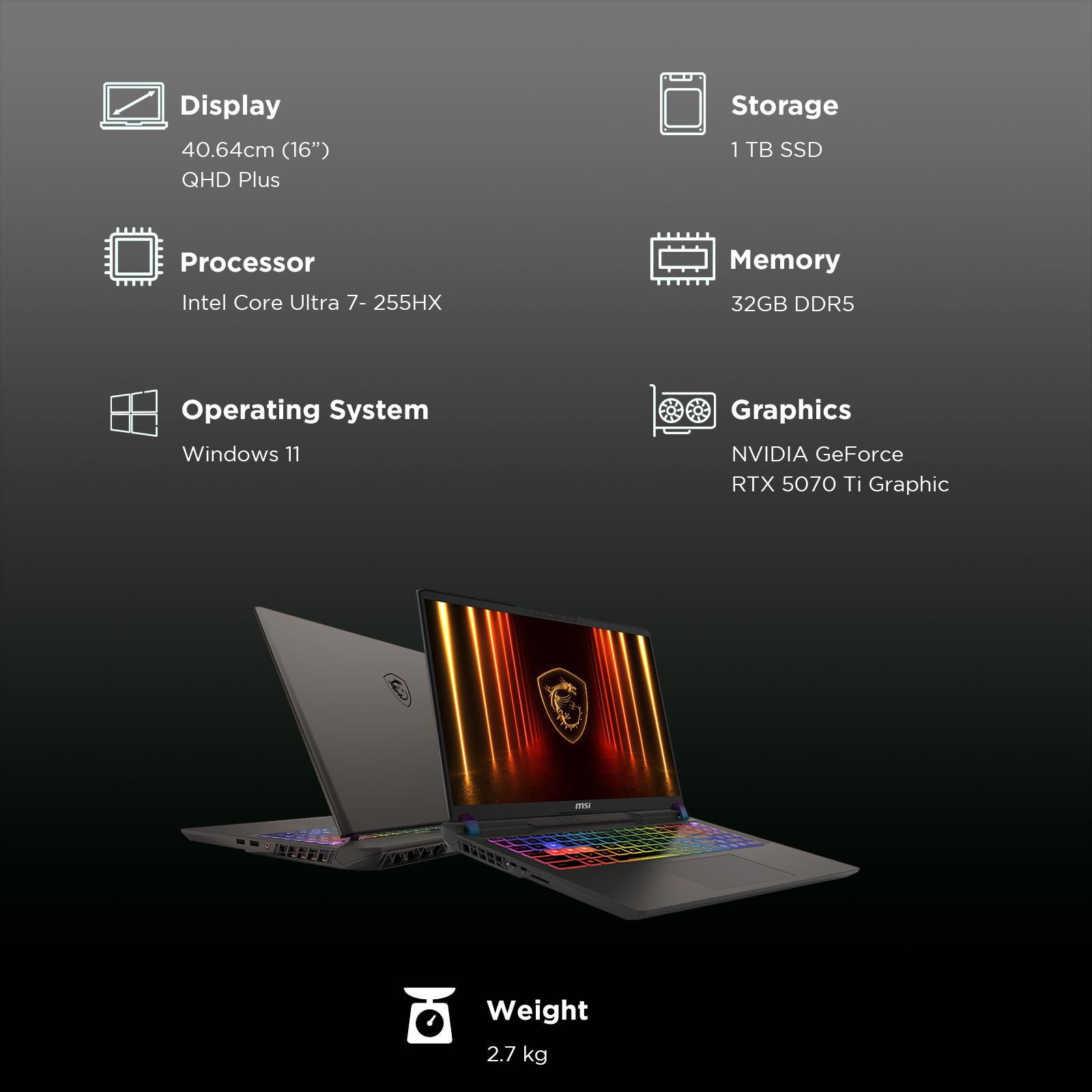 MSI Vector 16 HX AI A2XWHG Intel Core Ultra 7 255HX Gaming Laptop (32GB, 1TB SSD, Windows 11 Home, 12GB Graphics, 16 inch 240 Hz QHD Plus Display, NVIDIA GeForce RTX 5070 Ti, MS Office Home,  Cosmos Gray, 2.7 KG)_3