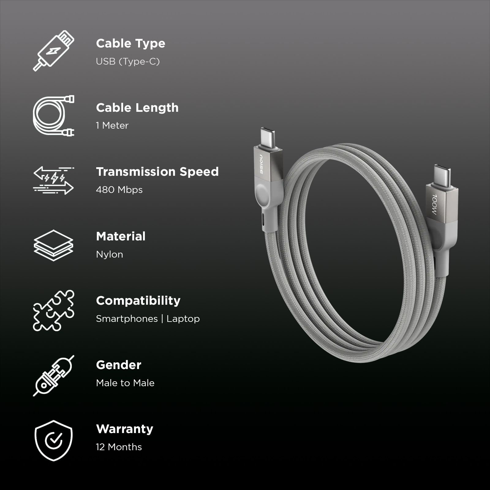 noise Power Type C to Type C 3.2 Feet (1M) Cable (Nylon Braided, Grey)_2