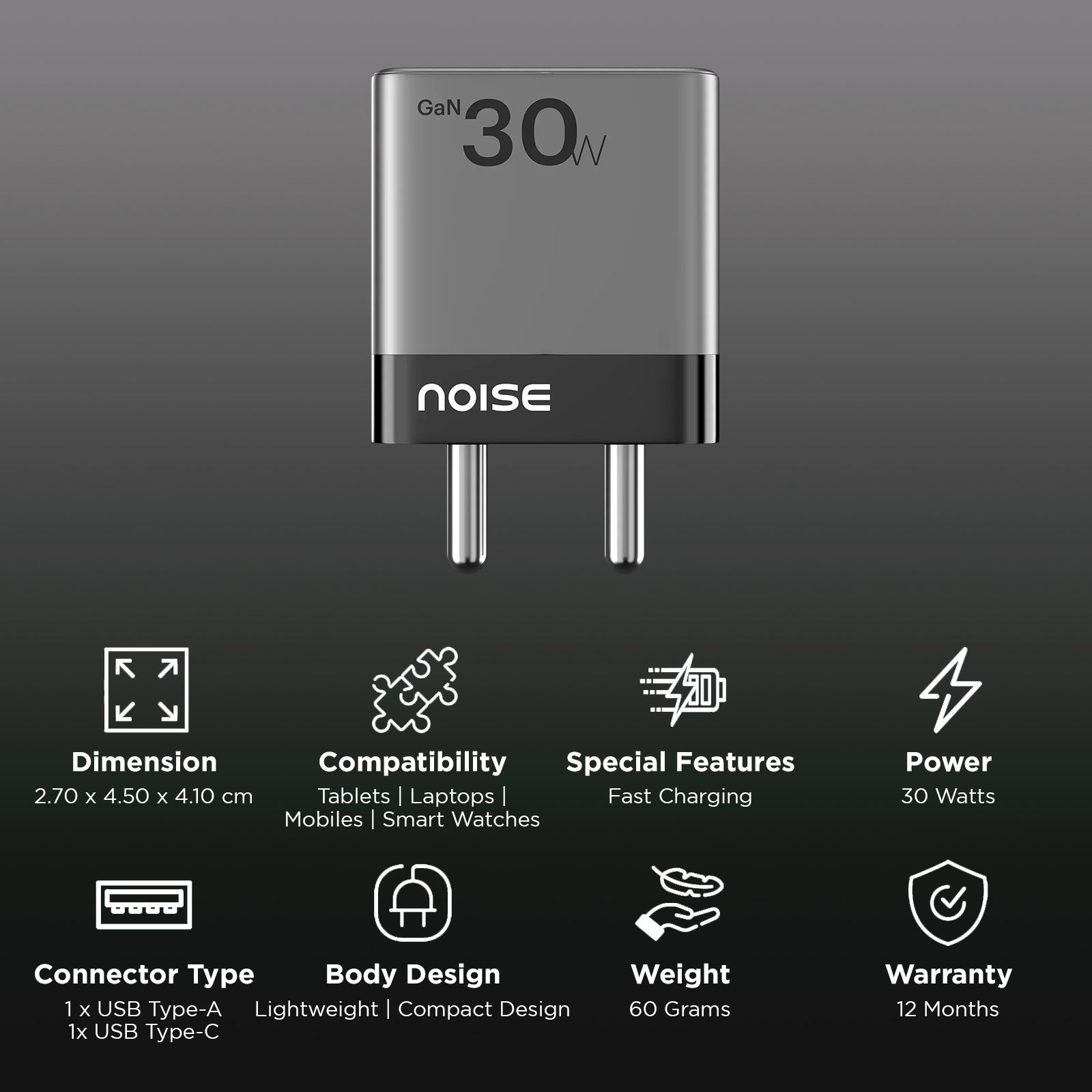 noise Power 30W Type A & Type C 2-Port Fast Charger (Adapter Only, GaN Technology, Black)_2