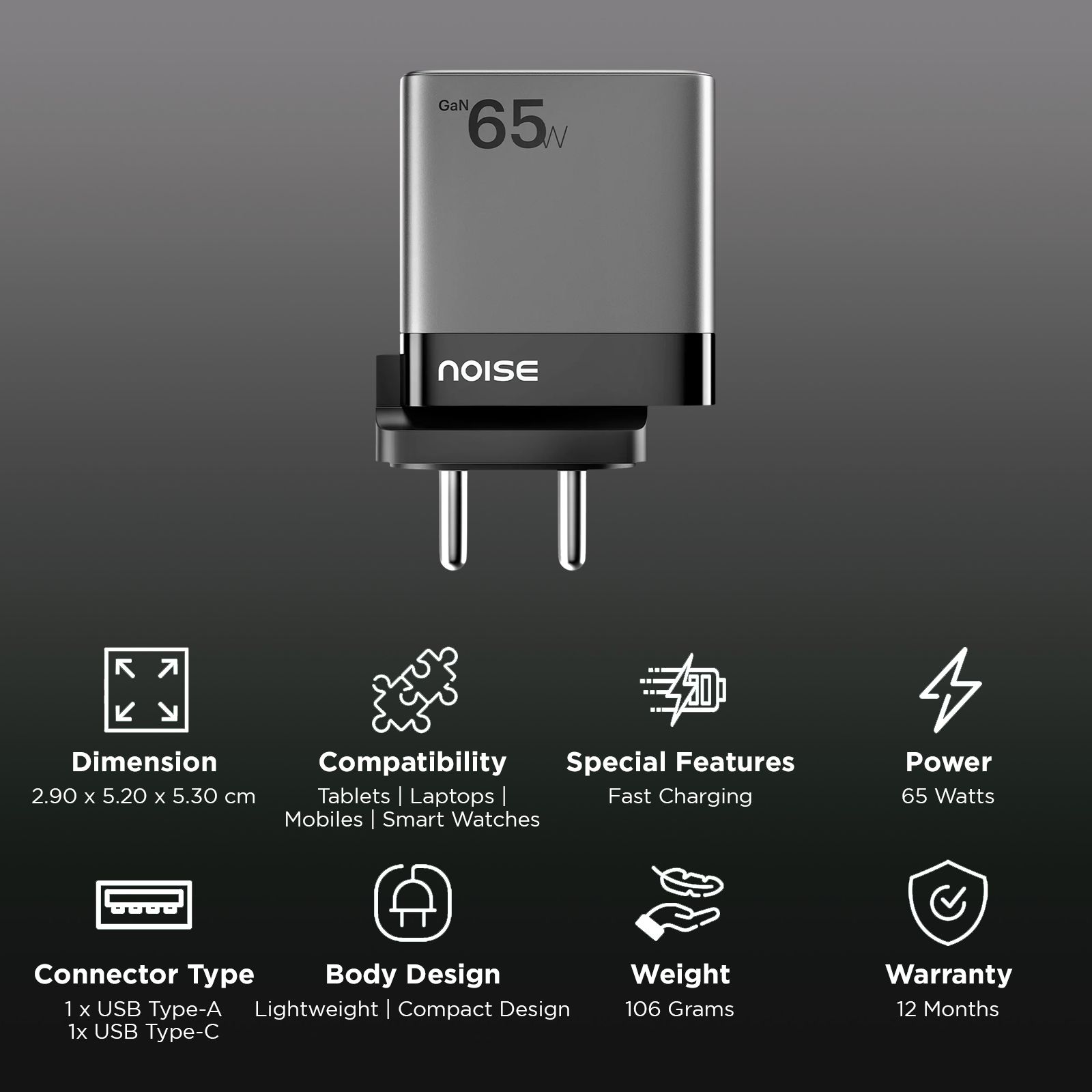 noise Power 65W Type A & Type C 3-Port Fast Charger (Adapter Only, GaN Technology, Black) noise Power 65W Type A & Type C 3-Port Fast Charger (Adapter Only, GaN Technology, Black)_2