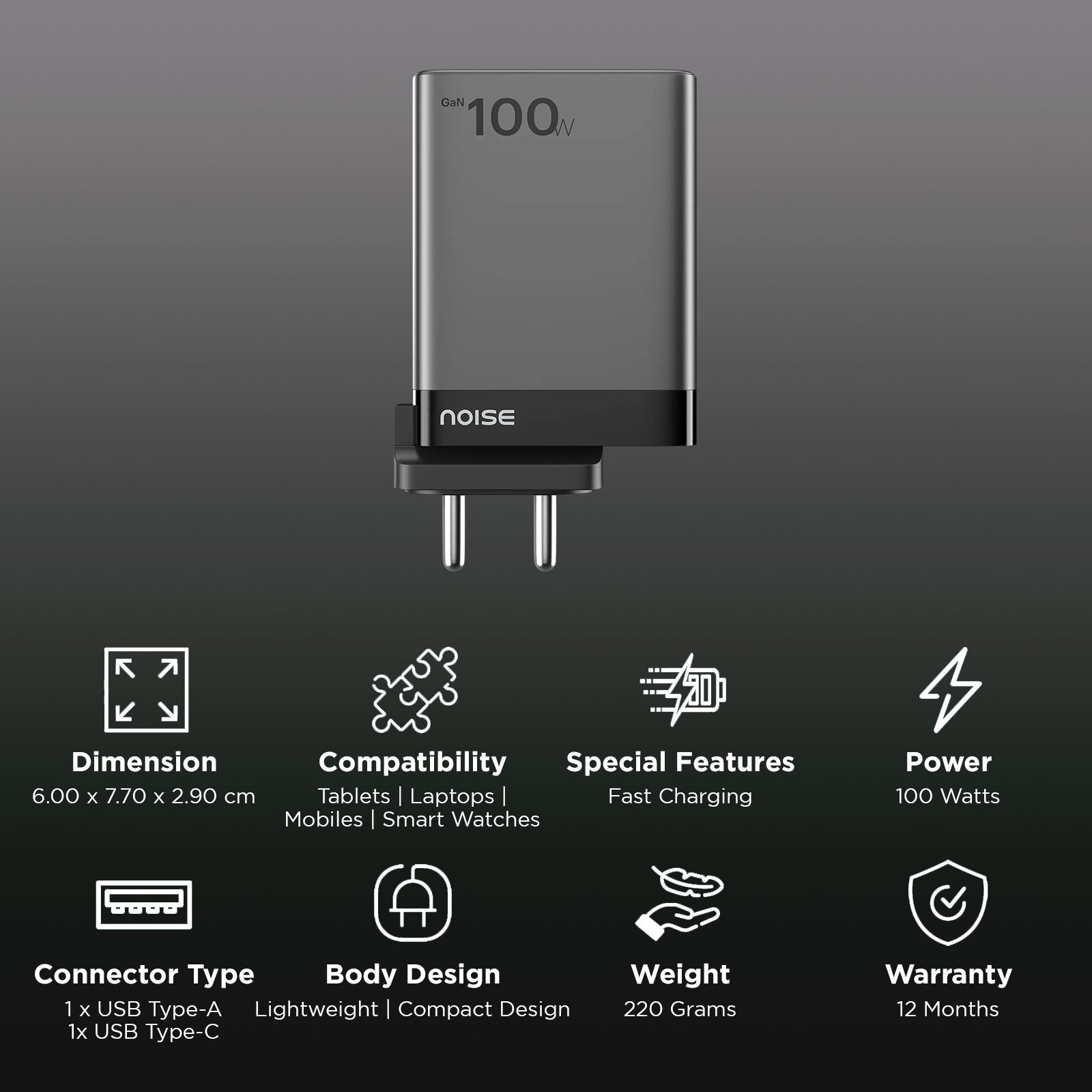 noise Power 100W Type A & Type C 4-Port Fast Charger (Adapter Only, GaN Technology, Black) noise Power 100W Type A & Type C 4-Port Fast Charger (Adapter Only, GaN Technology, Black)_2
