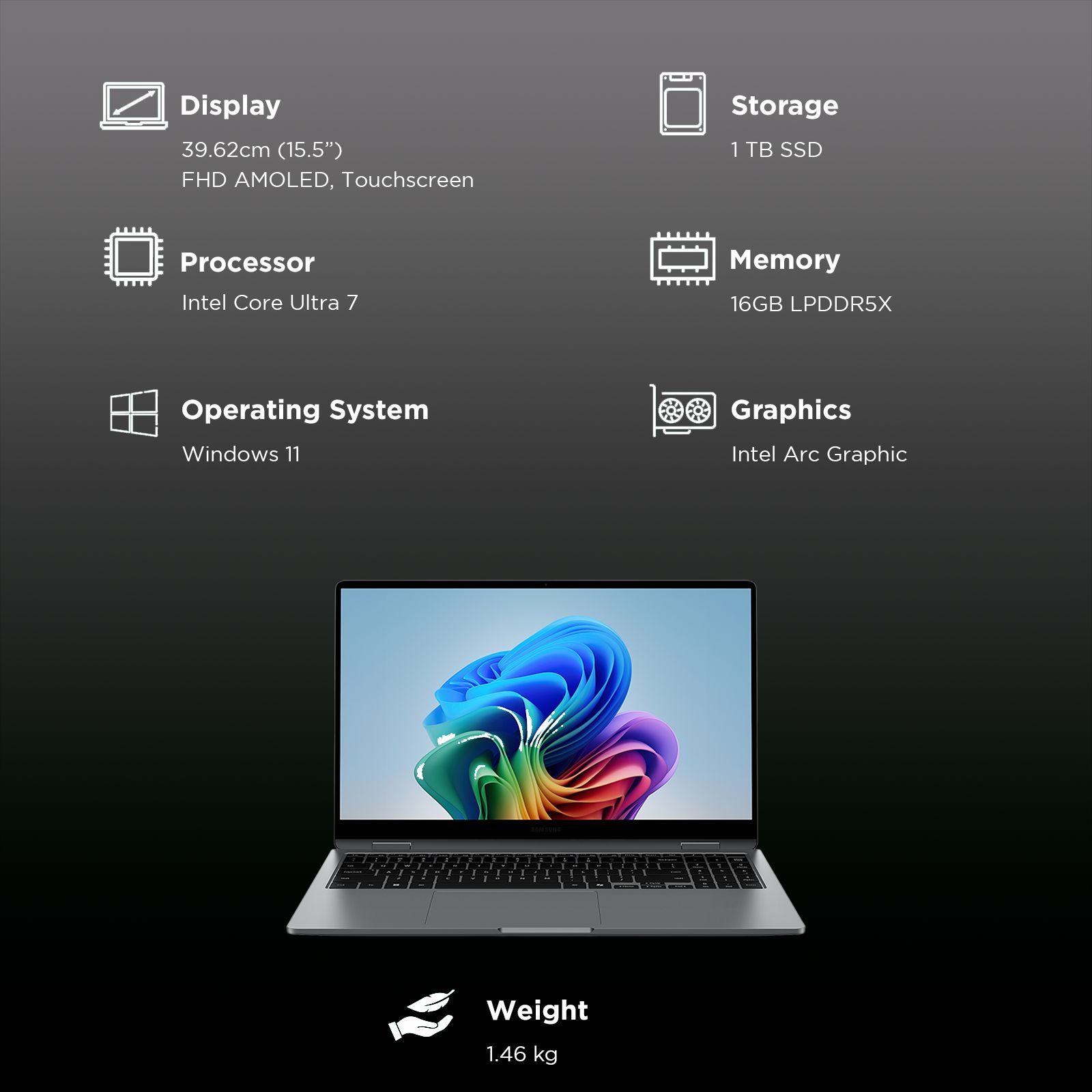 SAMSUNG Galaxy Book5 360 Intel Core Ultra 7 Touchscreen Thin & Light Laptop (16GB, 1TB SSD, Windows 11 Home, 8GB Graphics, 15.5 inch FHD AMOLED Display, MS Office 2021, Gray, 1.46 KG)_3