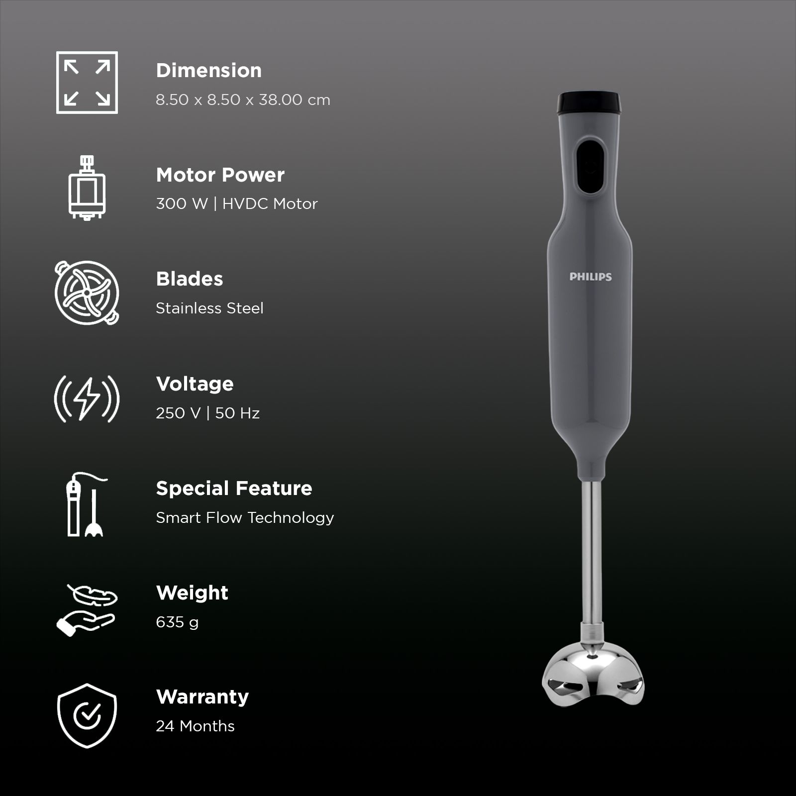PHILIPS HL1682/00 300 Watt Hand Blender (SmartFlow Technology, Grey) PHILIPS HL1682/00 300 Watt Hand Blender (SmartFlow Technology, Grey)_2