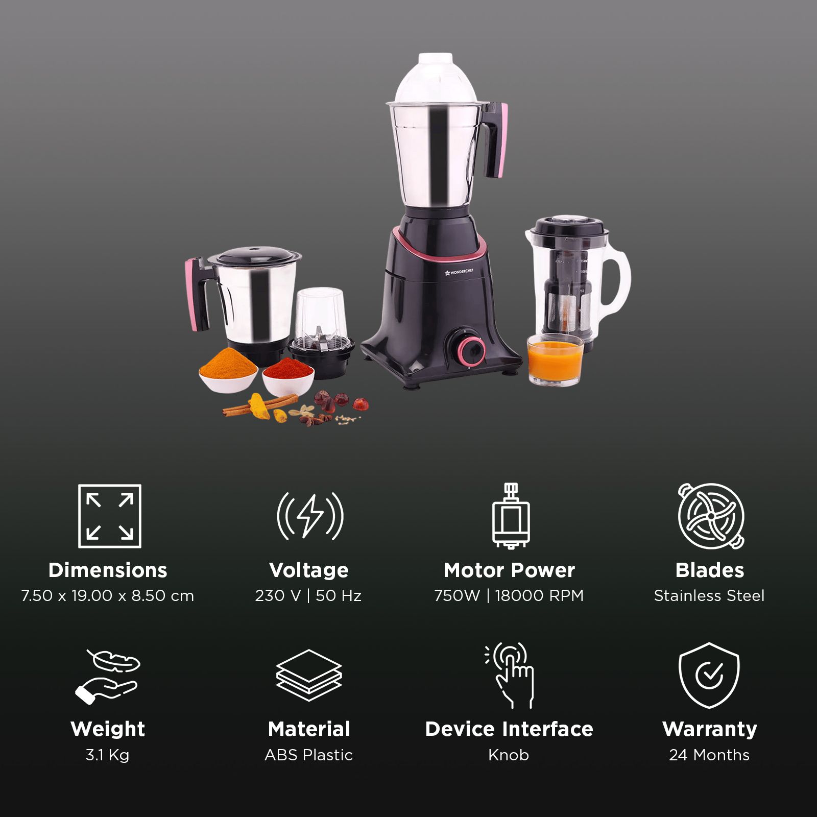 WONDERCHEF Select 750 Watt 4 Jars Mixer Grinder (18000 RPM, Overload Protection, Black Maroon)_3