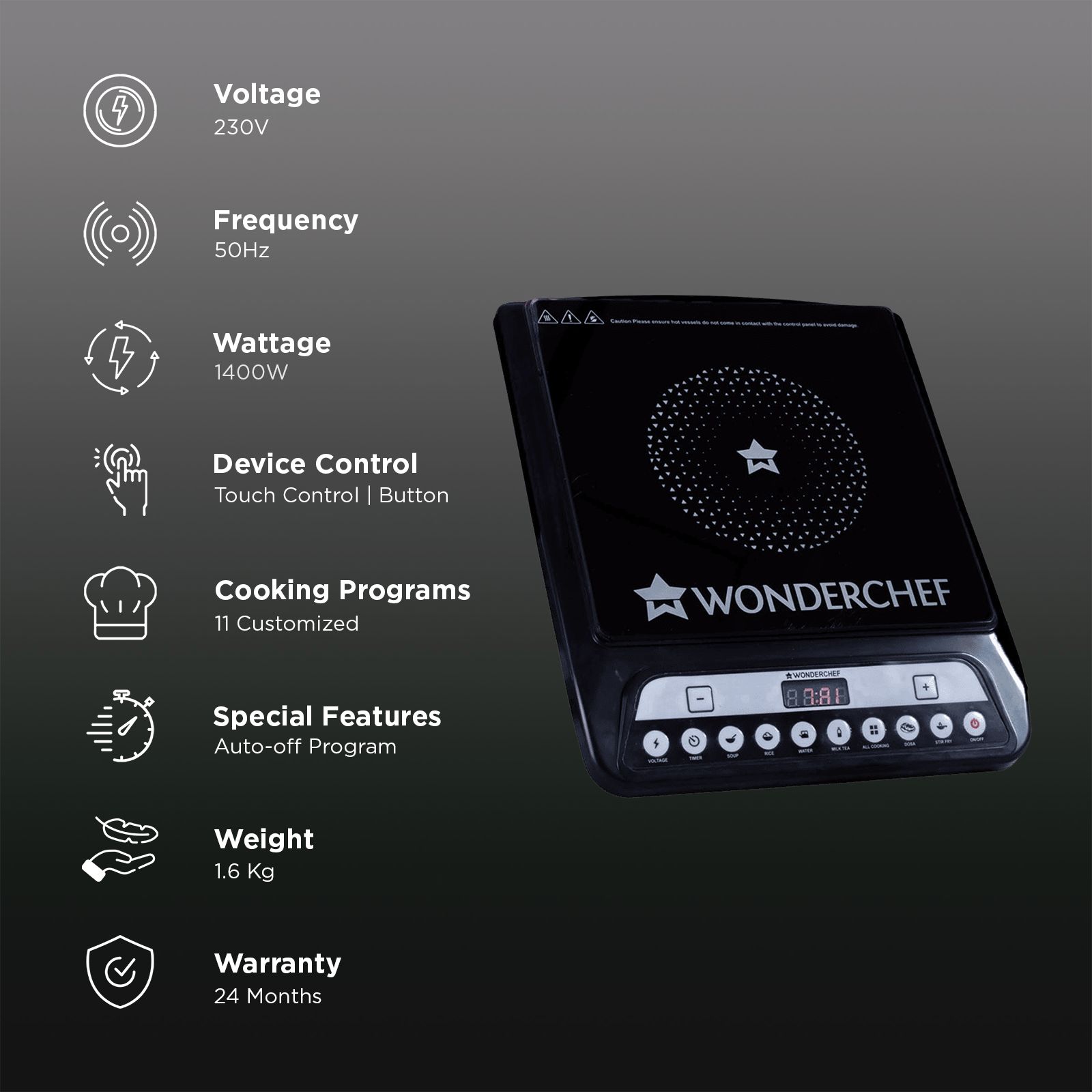 WONDERCHEF Acura 1400W Single Induction Cooktop with 11 Preset Functions WONDERCHEF Acura 1400W Single Induction Cooktop with 11 Preset Functions_3