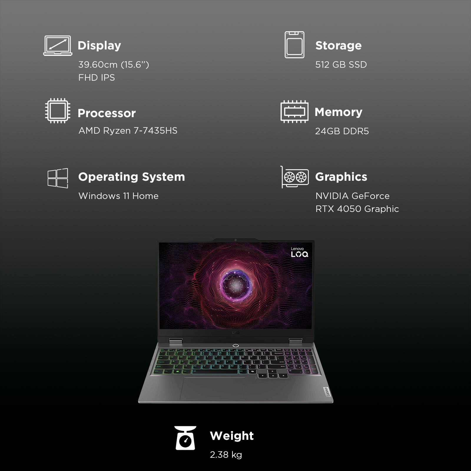 Lenovo LOQ 15ARP9 AMD Ryzen 7 Gaming Laptop (24GB, 512GB SSD, Windows 11 Home, 6GB Graphics, 15.6 inch 144Hz Full HD IPS Display, NVIDIA GeForce RTX 4050, MS Office Home 2024, Luna Grey, 2.38 KG) Lenovo LOQ 15ARP9 AMD Ryzen 7 Gaming Laptop (24GB, 512GB SSD, Windows 11 Home, 6GB Graphics, 15.6 inch 144Hz Full HD IPS Display, NVIDIA GeForce RTX 4050, MS Office Home 2024, Luna Grey, 2.38 KG)_3