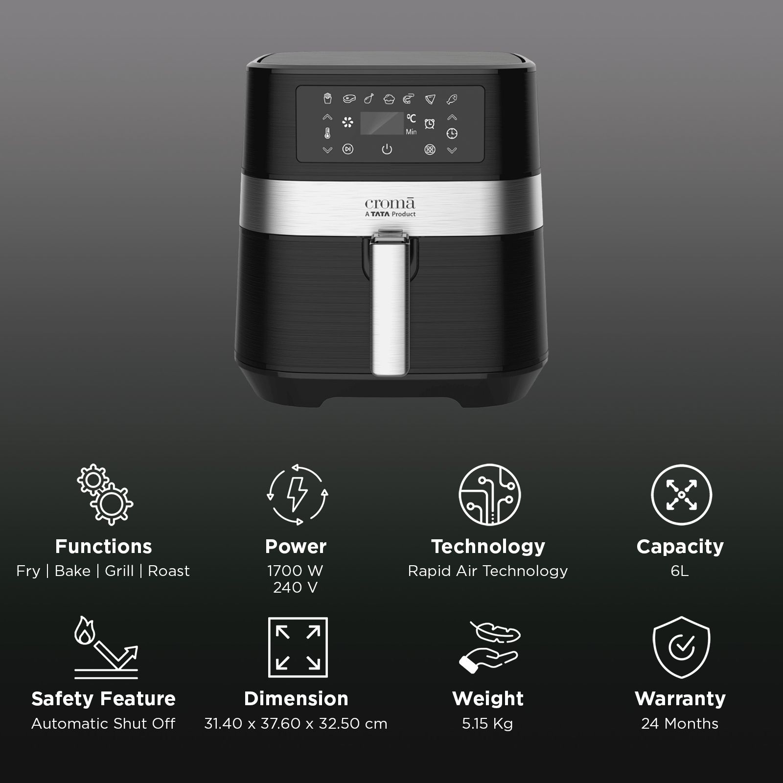 Croma 6L 1700 Watt Digital Air Fryer with Rapid Air Circulation System (Black) Croma 6L 1700 Watt Digital Air Fryer with Rapid Air Circulation System (Black)_3