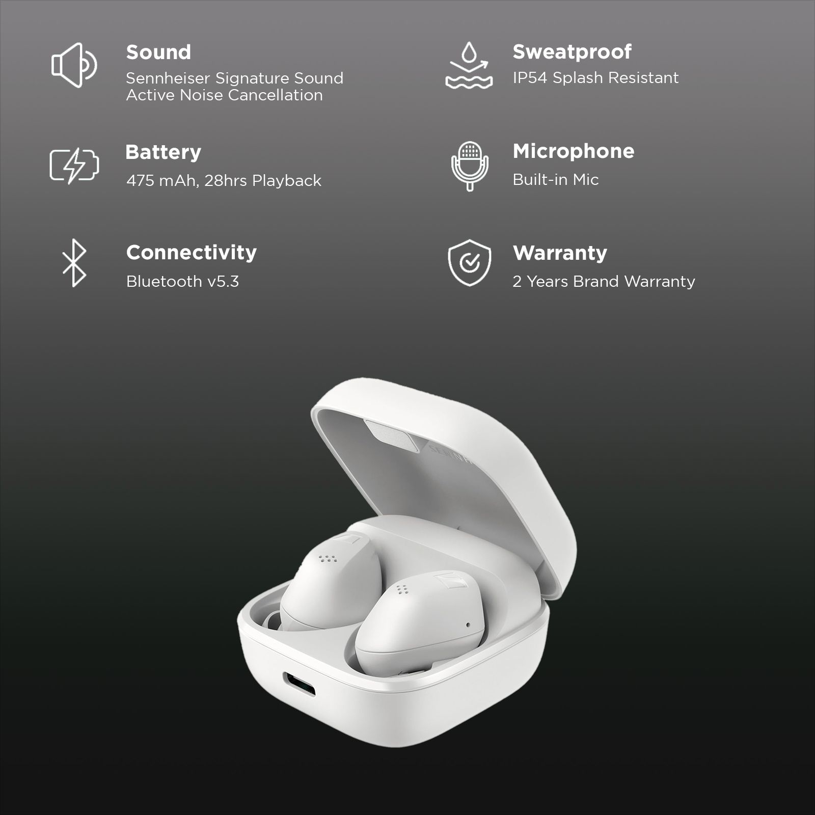 SENNHEISER ACCENTUM 700263 TWS Earbuds with Hybrid Active Noise Cancellation (IP54 Splash Resistant, 28 Hours Battery Life, White)_2