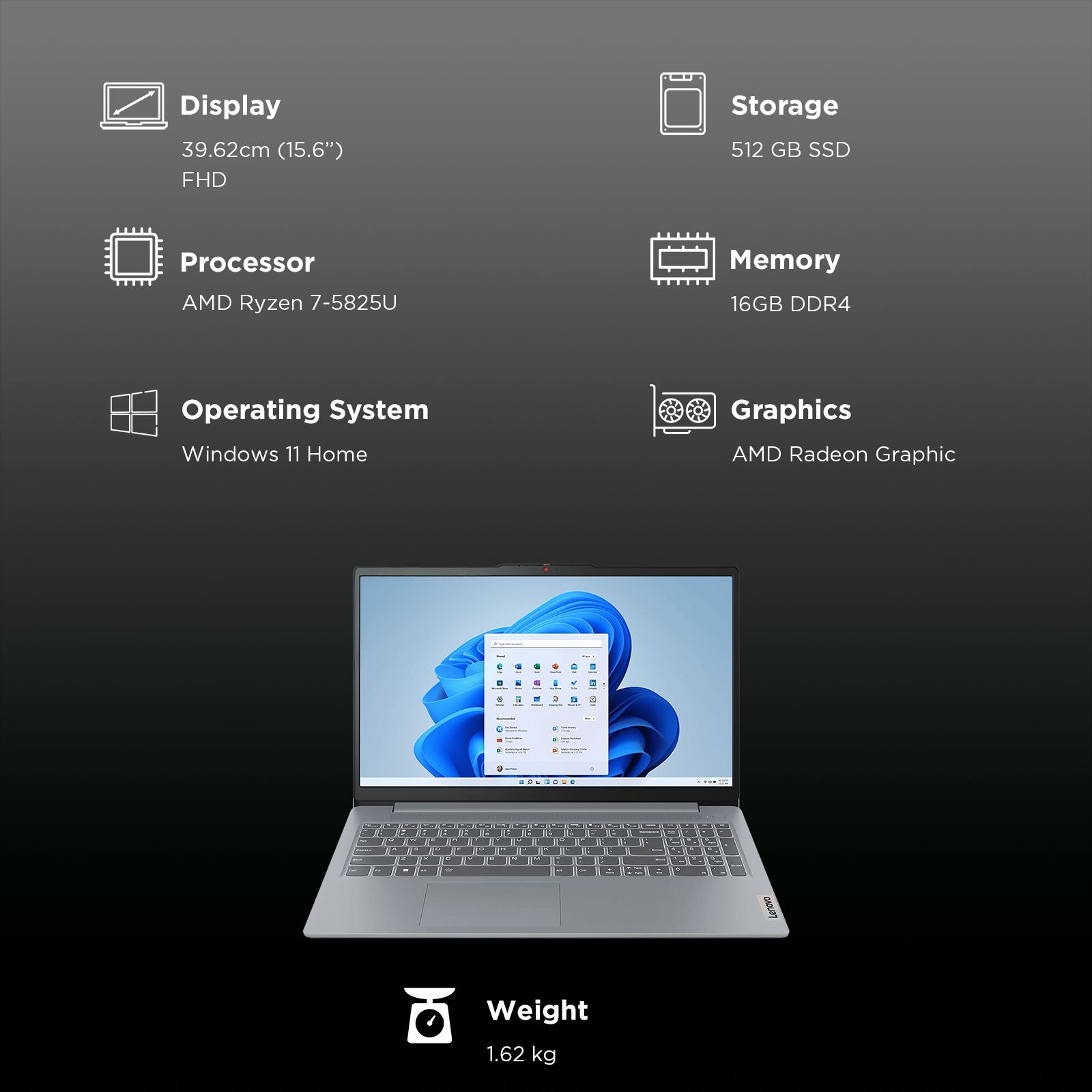 Lenovo IdeaPad Slim 3 15ABR8 AMD Ryzen 7 Thin & Light Laptop (16GB, 512GB SSD, Windows 11 Home, 15.6 inch Full HD Display, MS Office Home 2024, Arctic Grey, 1.62 KG)_3
