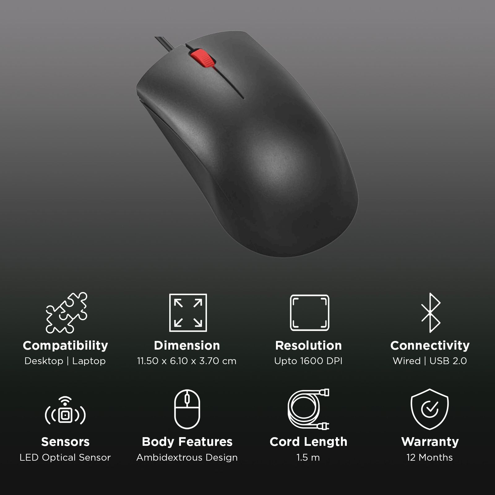 Lenovo 120 Wired Optical Mouse (1600 DPI, Ambidextrous Design, Black) Lenovo 120 Wired Optical Mouse (1600 DPI, Ambidextrous Design, Black)_3