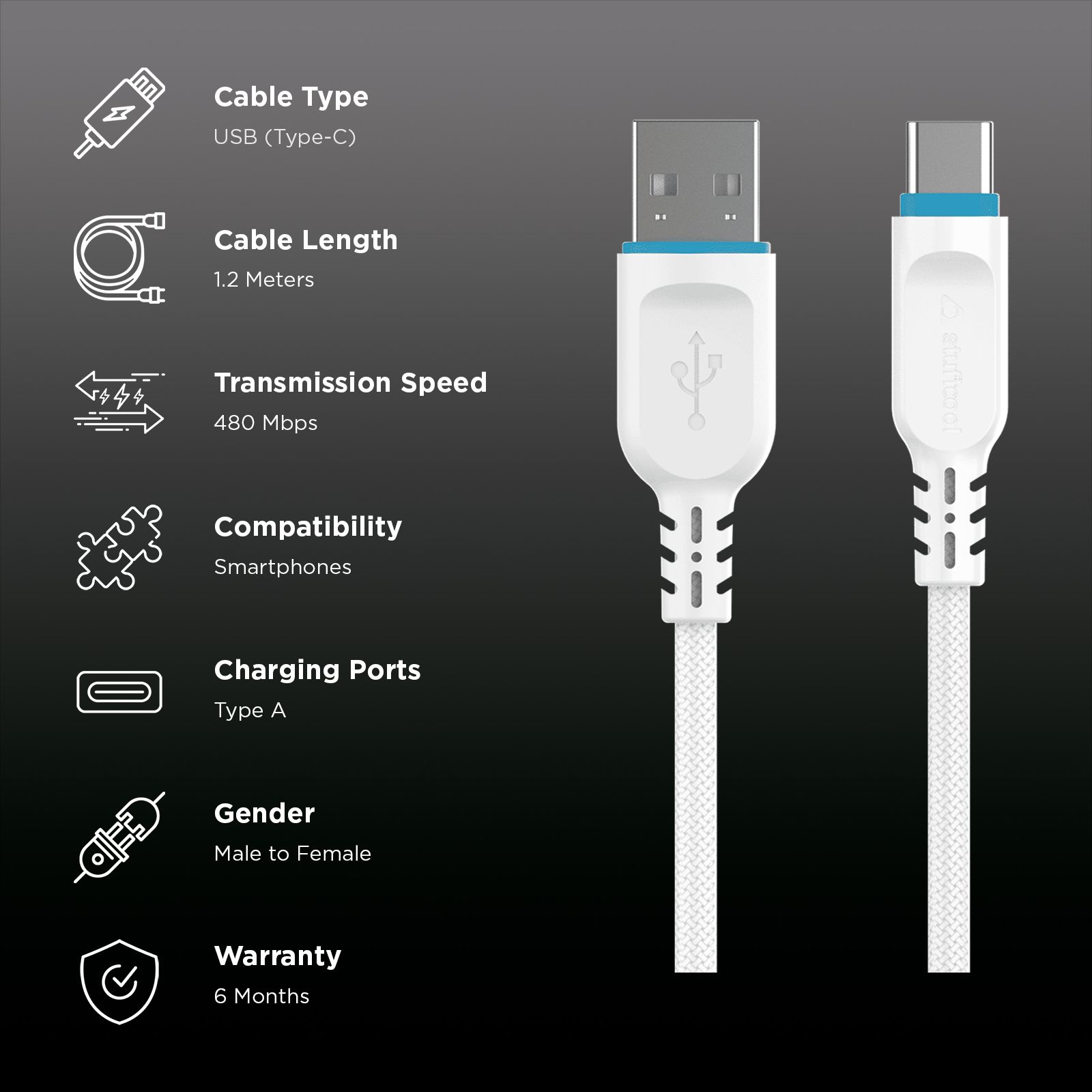 stuffcool Tug Type C to Type A 3.93 Feet (1.2M) Cable (Sync & Charge, White)_2