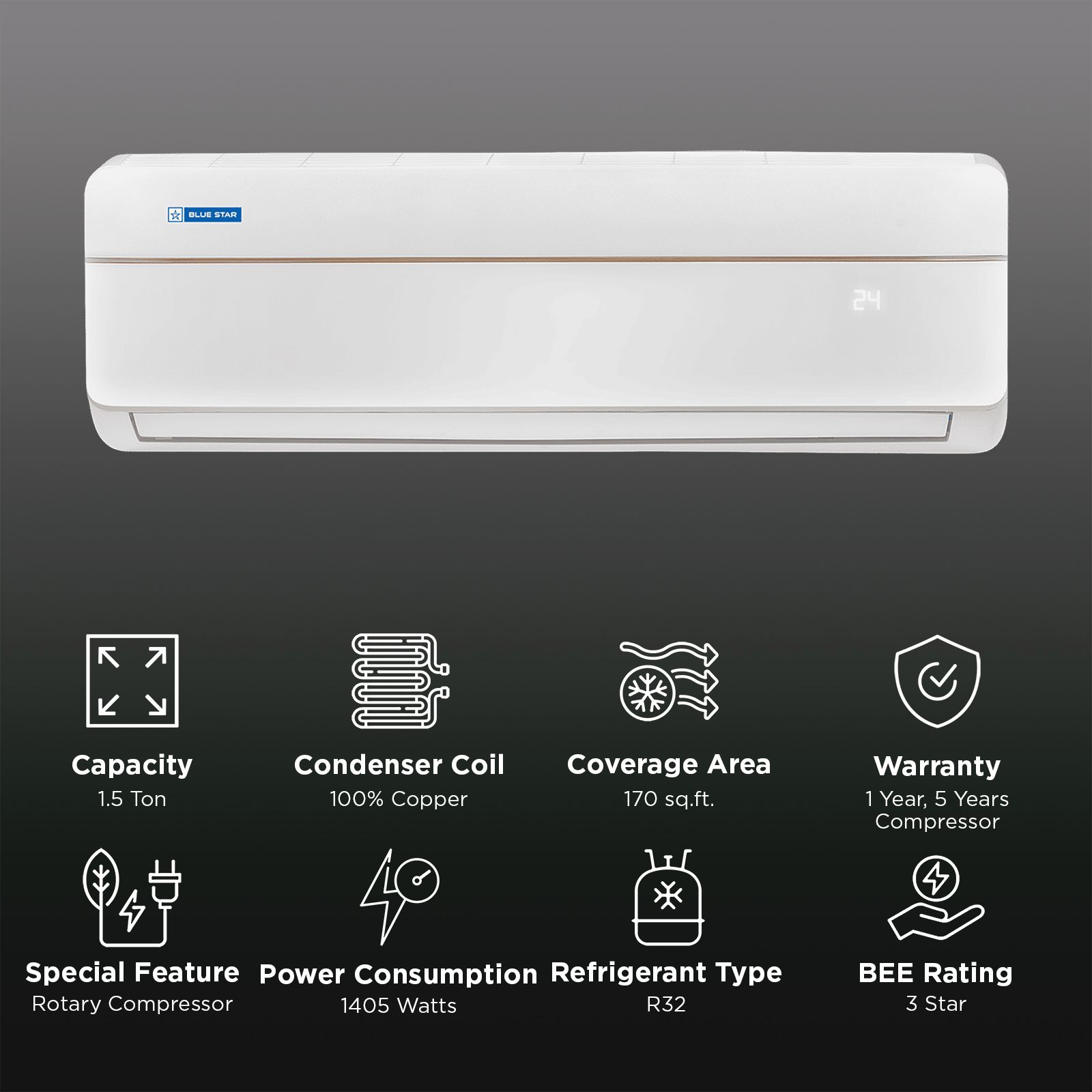 Blue Star V Series 1.5 Ton 3 Star Fixed Speed Split AC (2025 Model, Copper Condenser, Anti-Bacteria Filter, FC318VNU)_2