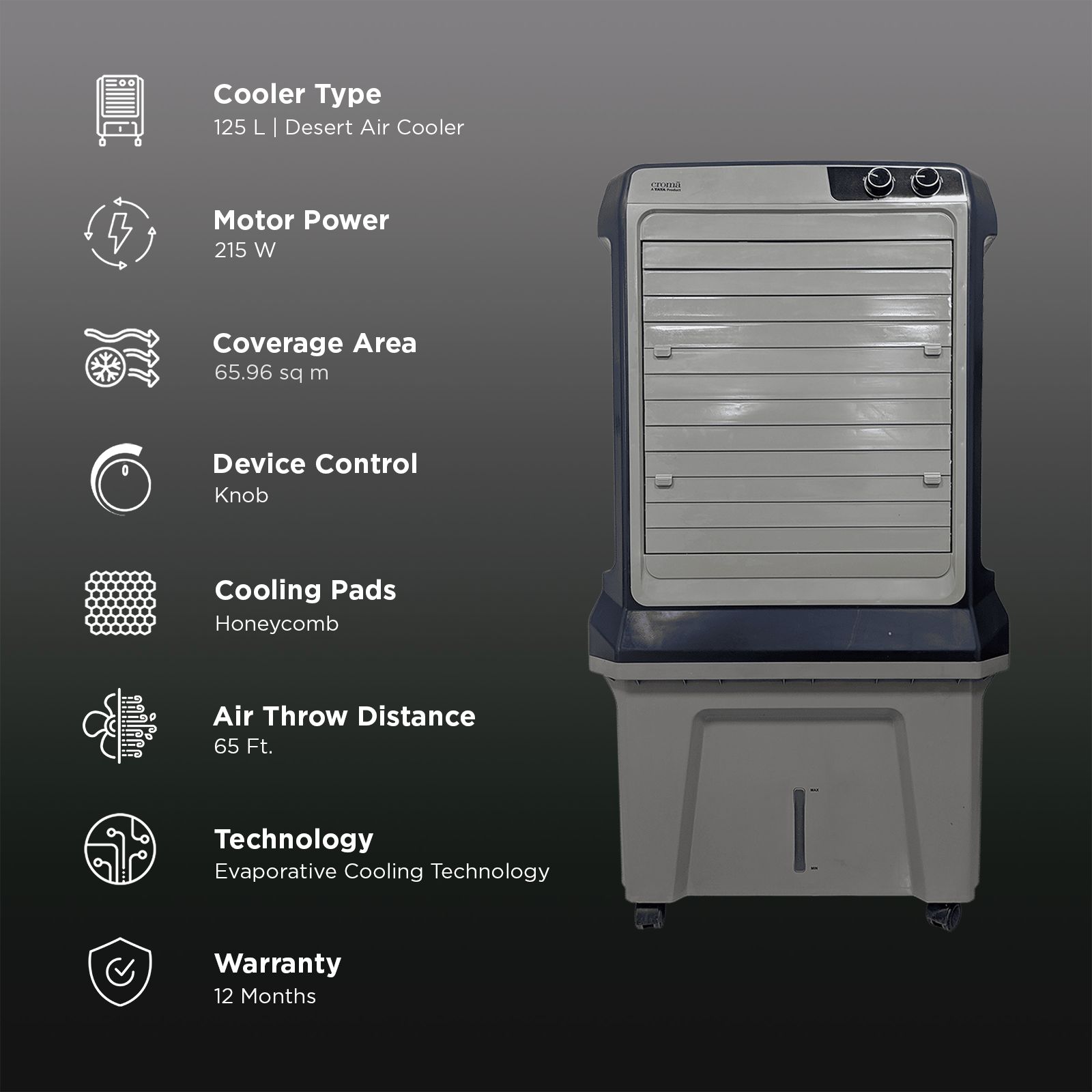 Croma AZ 1801 125 Litres Desert Air Cooler (Inverter Compatible, Grey) Croma AZ 1801 125 Litres Desert Air Cooler (Inverter Compatible, Grey)_3