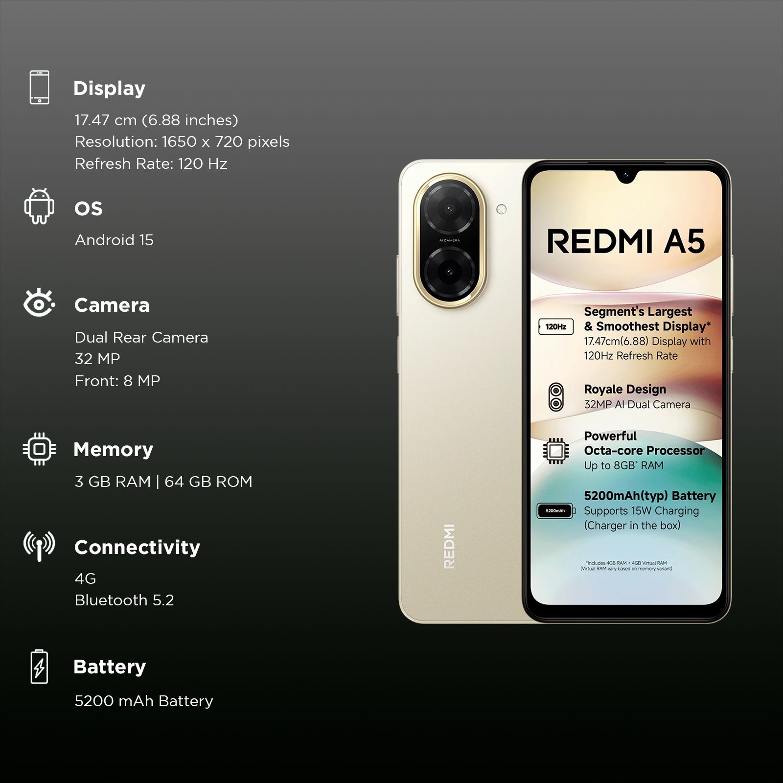Redmi A5 (3GB RAM, 64GB, Jaisalmer Gold) Redmi A5 (3GB RAM, 64GB, Jaisalmer Gold)_3