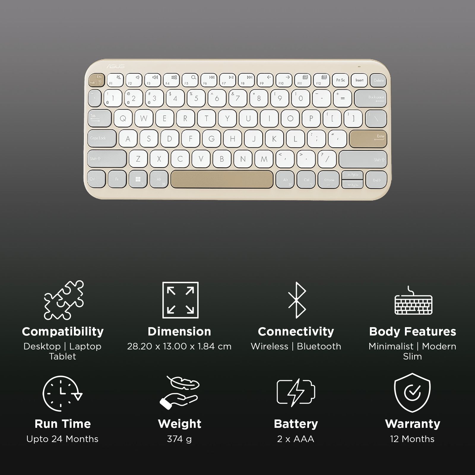 ASUS Marshmallow KW100-OM Bluetooth 5.0 Wireless Keyboard with Up to 3 Devices Connectivity (1.6mm Travel Distance, Oat Milk) ASUS Marshmallow KW100-OM Bluetooth 5.0 Wireless Keyboard with Up to 3 Devices Connectivity (1.6mm Travel Distance, Oat Milk)_3