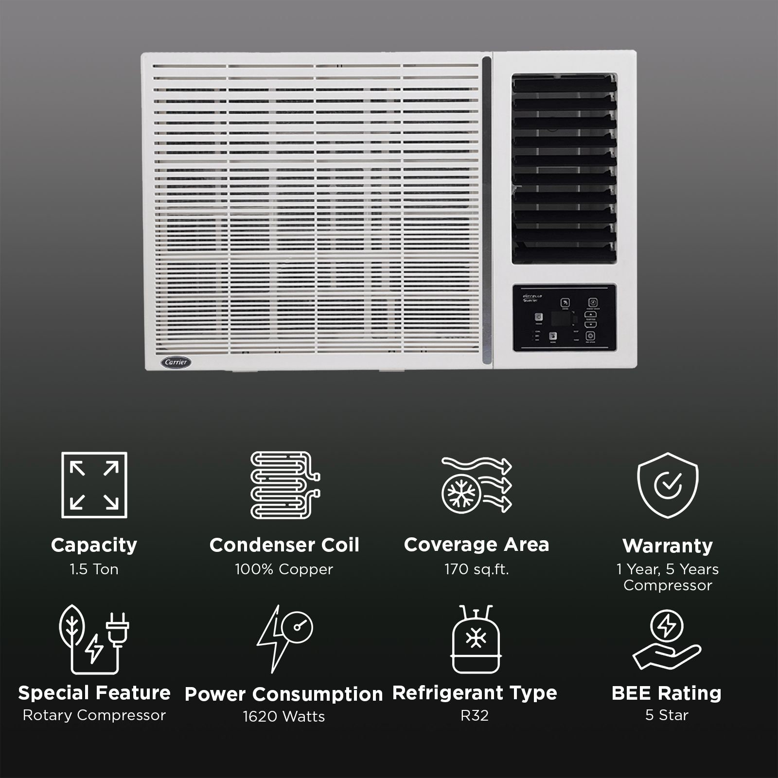 Carrier ESTRELLA FXi (E) 1.5 Ton 5 Star Inverter Window AC (2025 Model, Copper Condenser, Dust Filter, CIW19EC5R35F1) Carrier ESTRELLA FXi (E) 1.5 Ton 5 Star Inverter Window AC (2025 Model, Copper Condenser, Dust Filter, CIW19EC5R35F1)_2