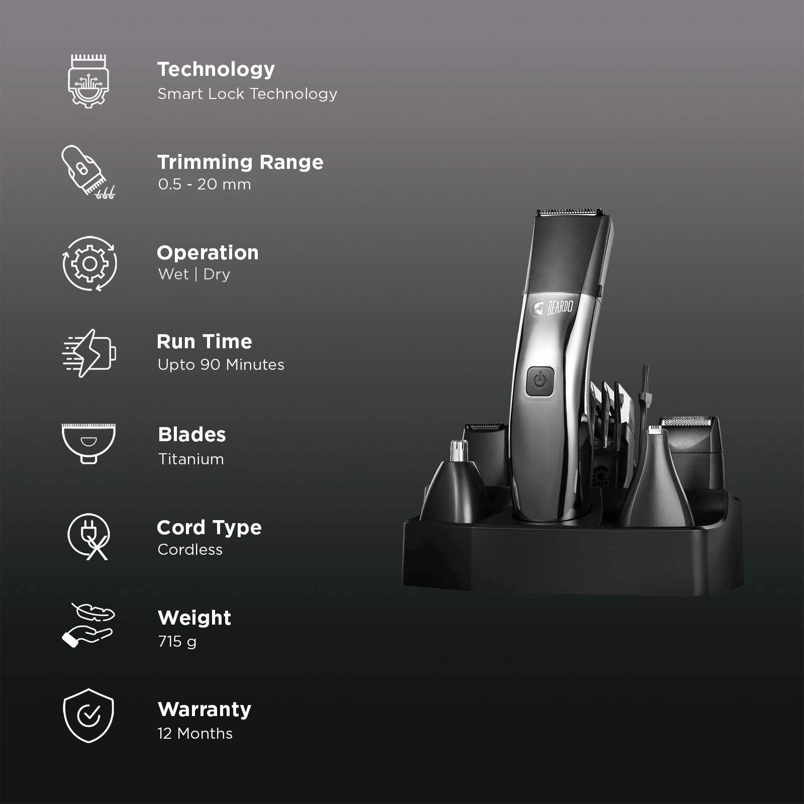 BEARDO Chrome Beast 8-in-1 Rechargeable Cordless Grooming Kit for Face, Nose & Ear, Beard & Moustche, Intimate Area, Head & Body for Men (90mins Runtime, Sleek Grooming Station, Black)_3